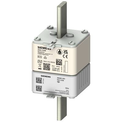 'Fusibile 3NA, 315 A, 400 V AC, Siemens. Viene mostrato un fusibile cilindrico bicolore con dati tecnici stampati sulla custodia.'