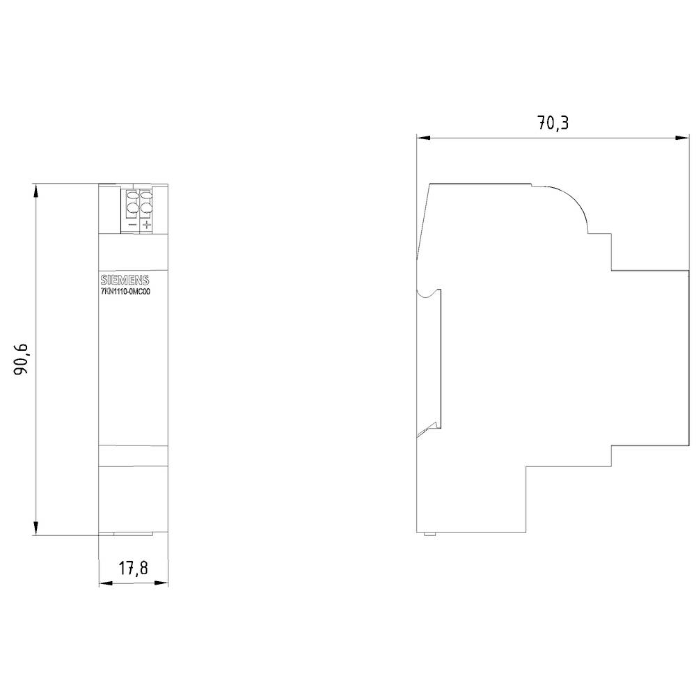 Dispositivo di commutazione Siemens, dimensioni: altezza 90,6 mm, larghezza 17,8 mm, profondità 70,3 mm, rappresentato in vista laterale e frontale.