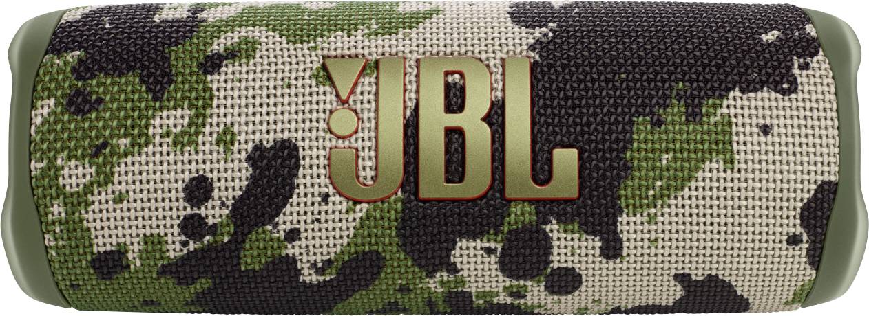 Altoparlante portatile con motivo mimetico verde-marrone e il logo 'JBL' sulla parte anteriore.
