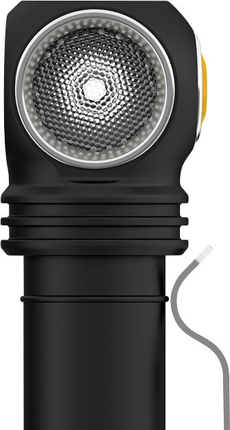 Torcia nera con testa angolata e lente strutturata, che mostra il design e la funzione per illuminare aree specifiche.