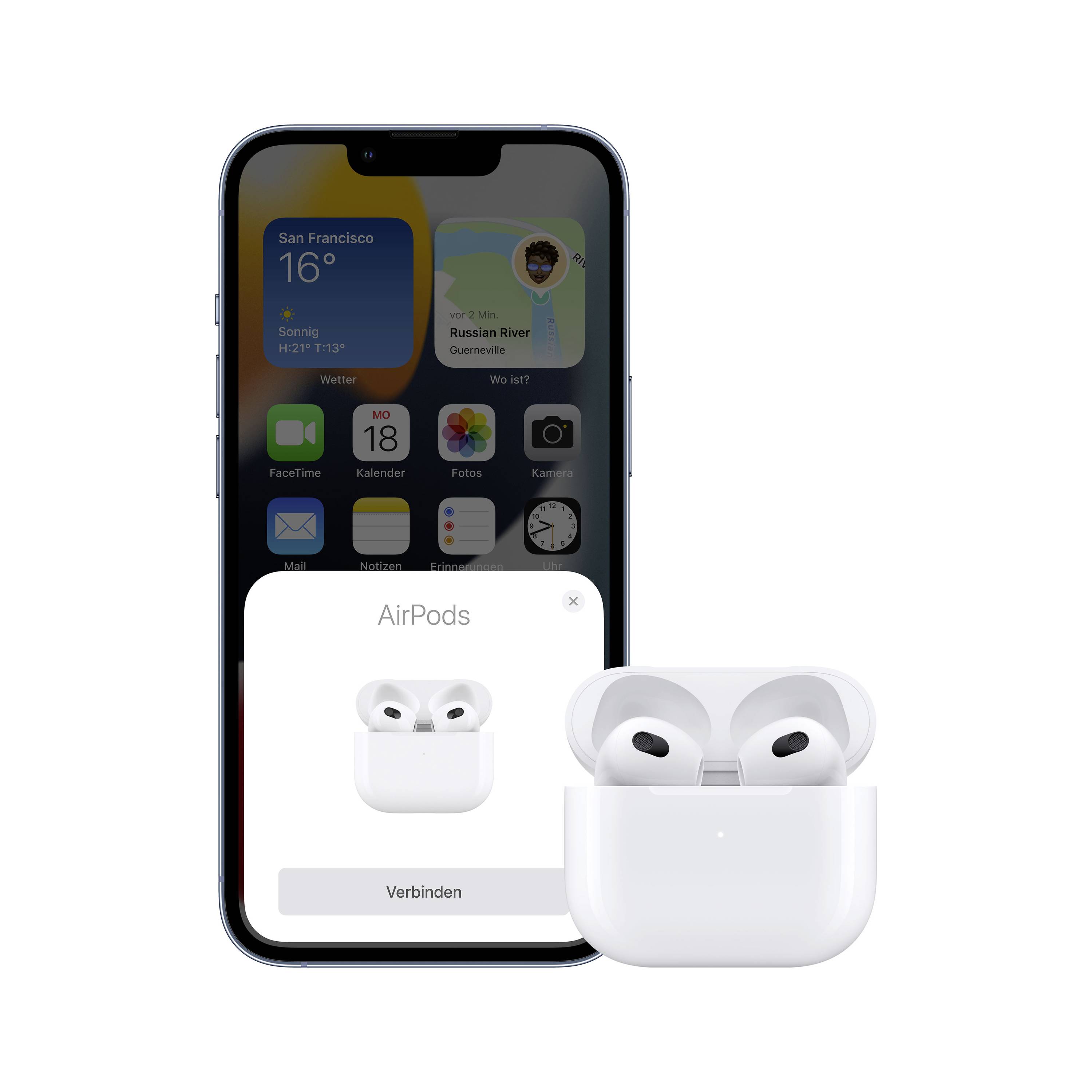 Un iPhone mostra il popup 'Connetti AirPods', accanto sono posizionate delle cuffie wireless nel loro case di ricarica. Sullo sfondo, simboli di app.