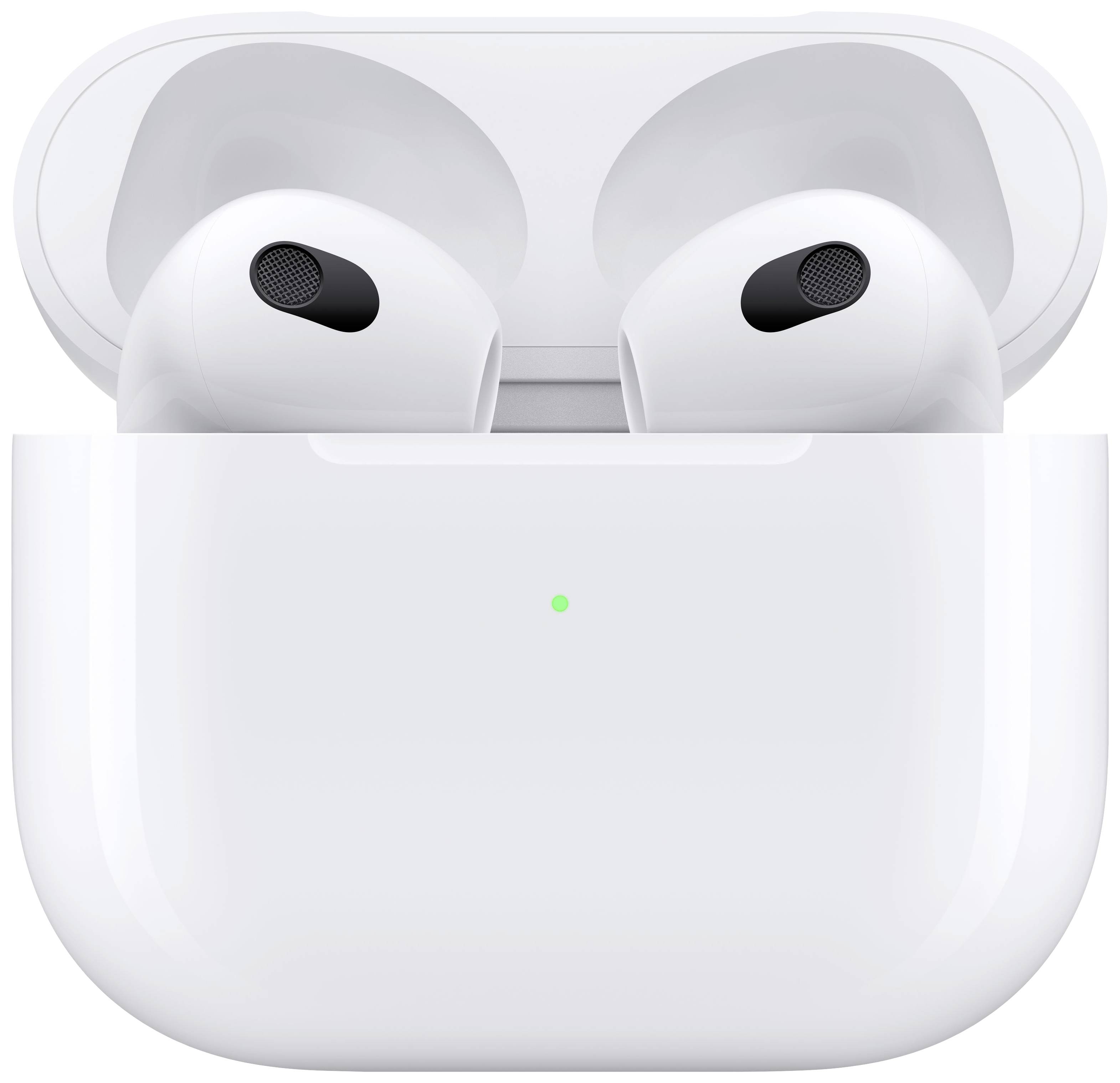 Auricolari wireless bianchi in un custodia di ricarica aperta con luce di ricarica verde.