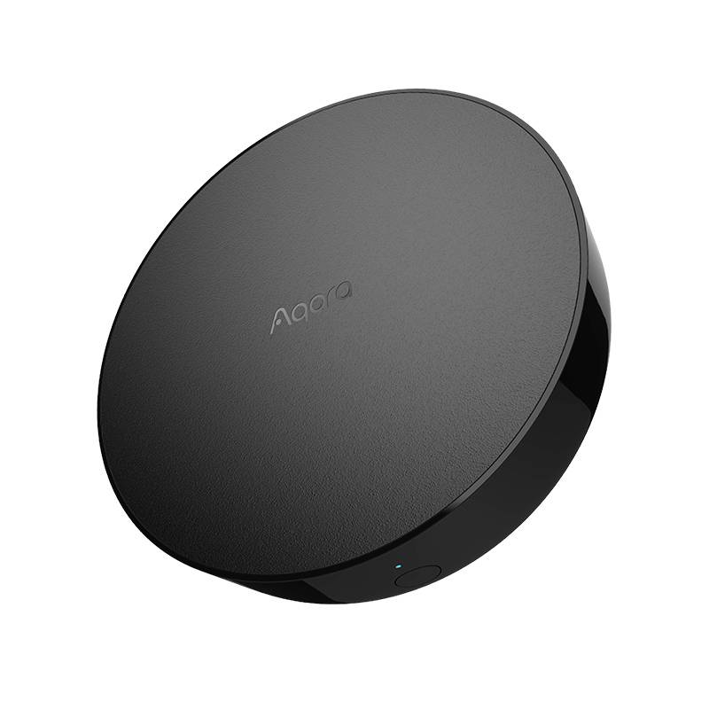 Dispositivo smart home nero, rotondo, con la scritta 'Aqara'.