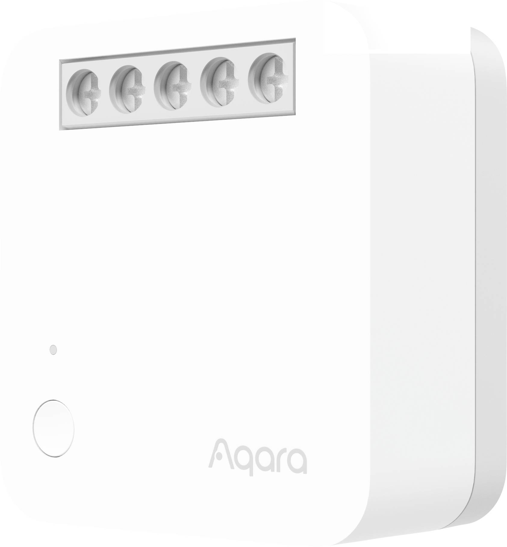 Un hub smart bianco rettangolare di Aqara con cinque connessioni sulla parte superiore.