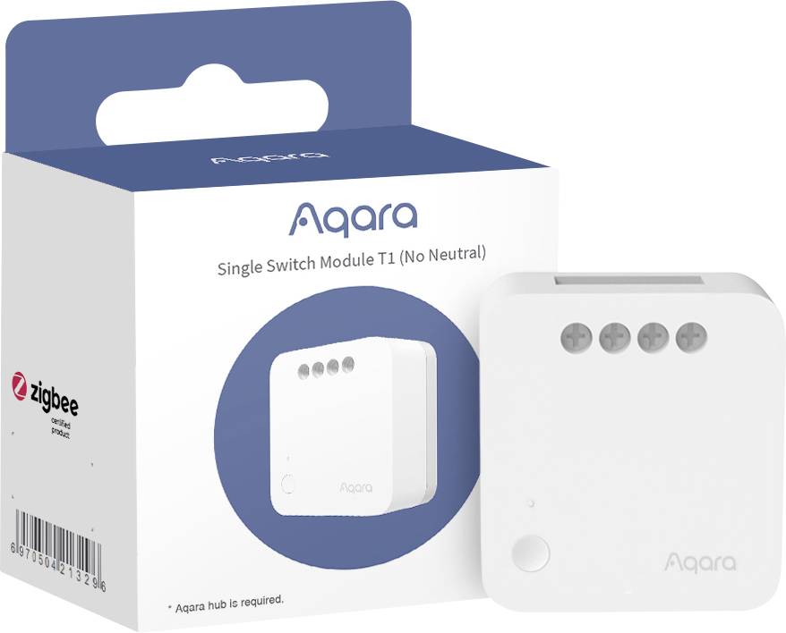 Una confezione con un modulo interruttore Aqara Single Switch Module T1 (non richiede neutro) e immagine del prodotto.