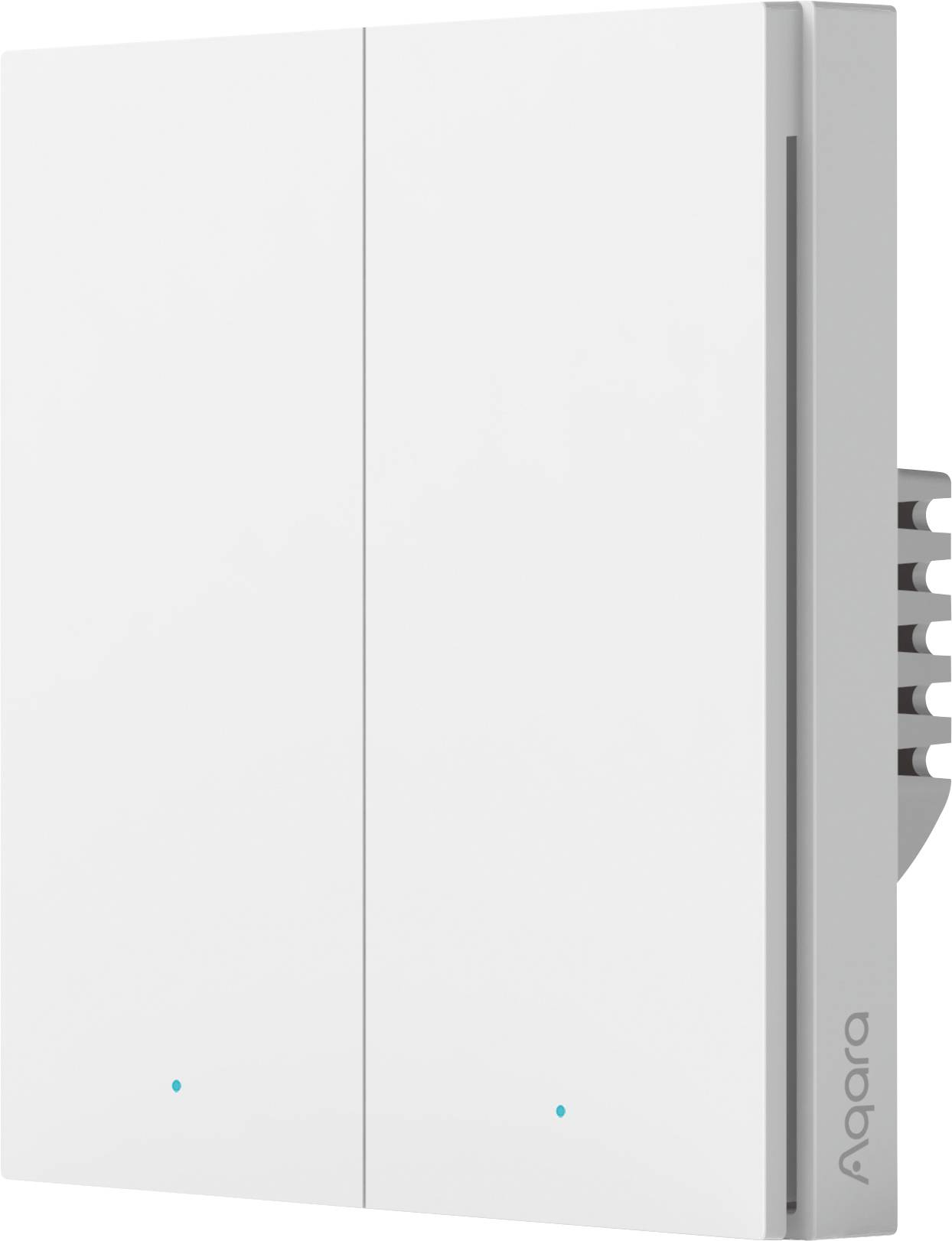 Interruttore a parete bianco, rettangolare, con due tasti, design minimalista, vista laterale.