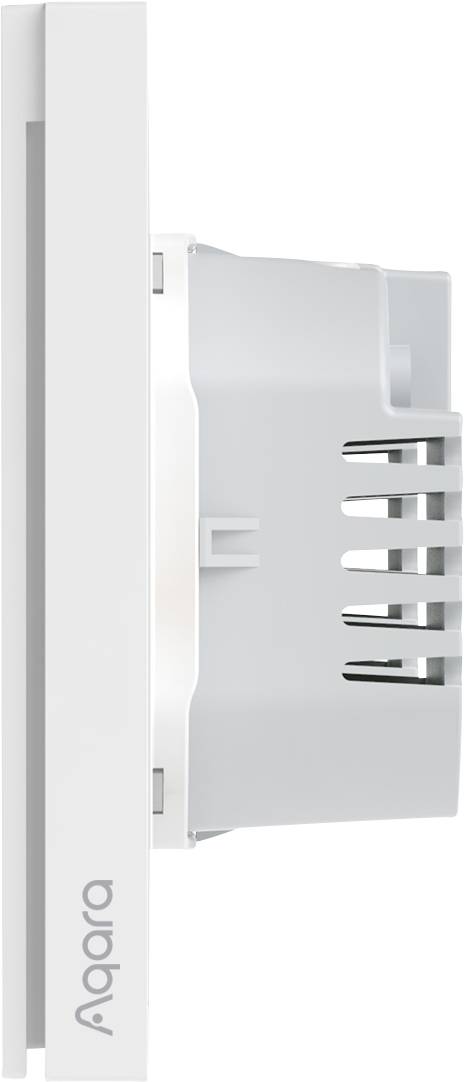 Vista laterale di un interruttore bianco con la scritta 'Aqara' sul lato. Il design appare moderno e minimalista.