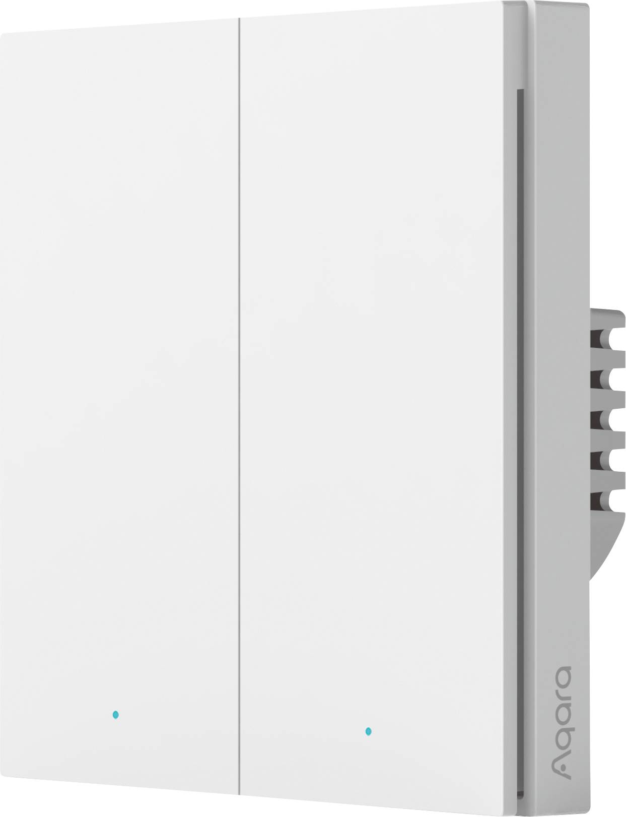 Un modulo interruttore a doppia parete intelligente Aqara, bianco, per il controllo wireless di dispositivi elettrici nel sistema domotico.