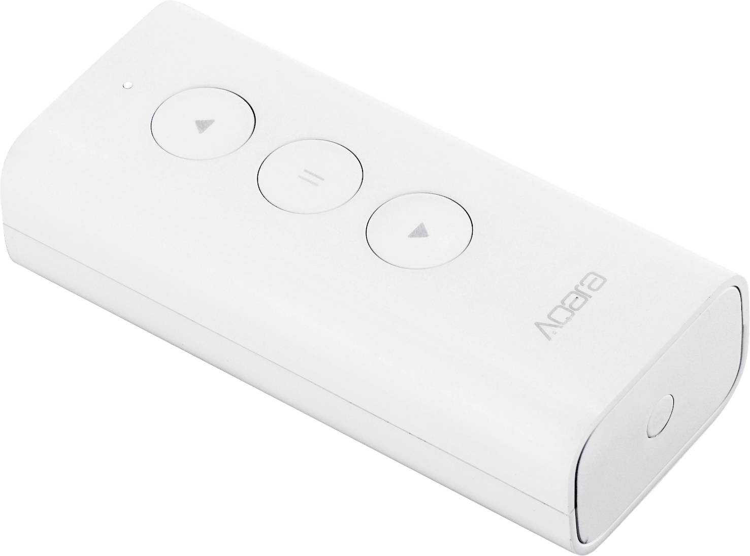 Un telecomando Bluetooth bianco, rettangolare, con tre tasti circolari: a sinistra una freccia rivolta verso il basso, al centro un tasto di stop, a destra una freccia rivolta verso l'alto.