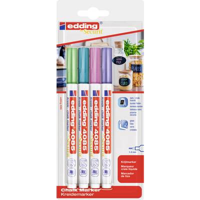 Confezione con quattro marcatori a gesso edding 4085 in Verde, Blu, Rosa e Viola. Adatti per superfici lisce come lavagne o vetro.