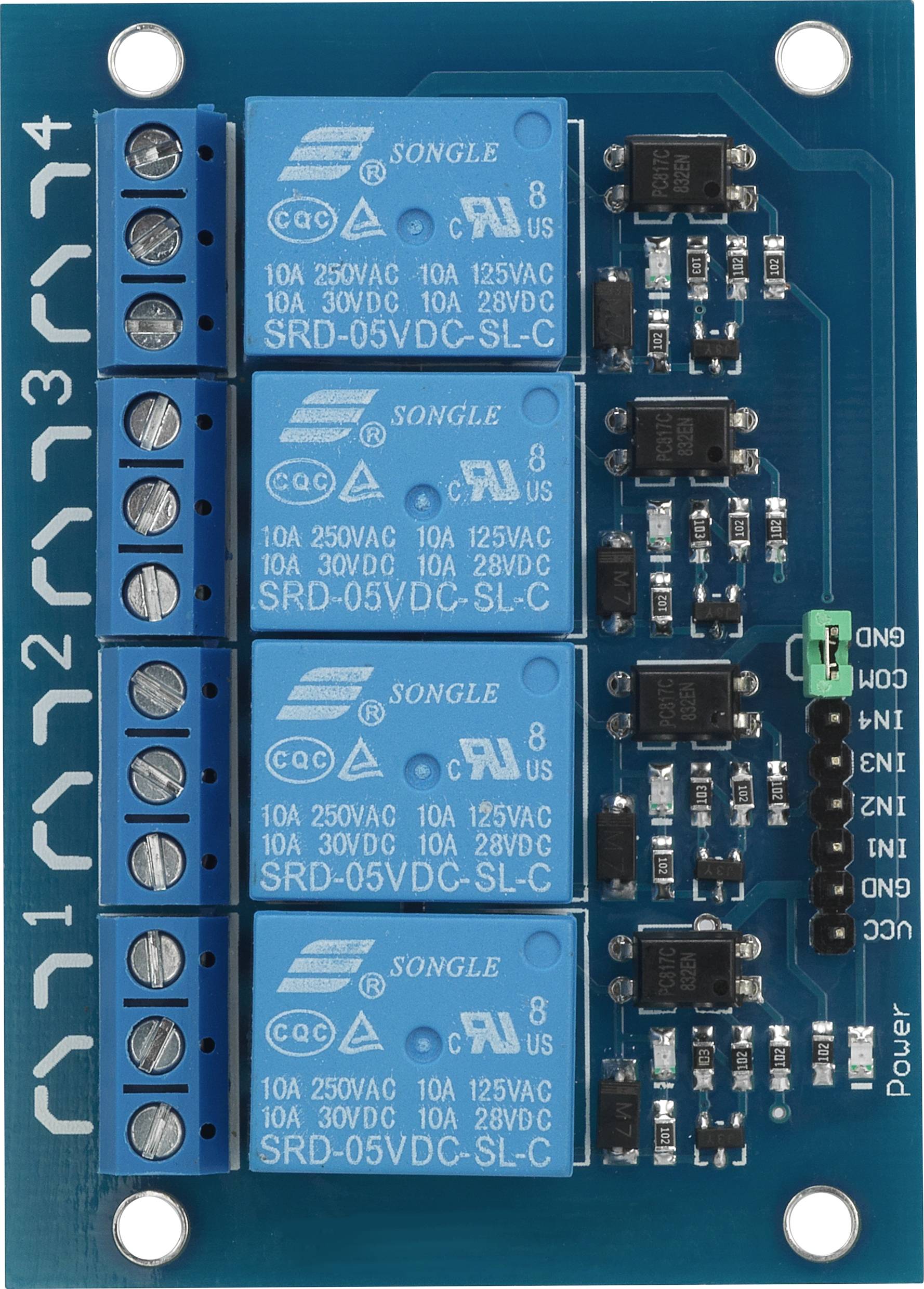 Un modulo relè blu con quattro relè per circuiti elettronici, numerati da 1 a 4, con connettori ed etichette per gli ingressi.