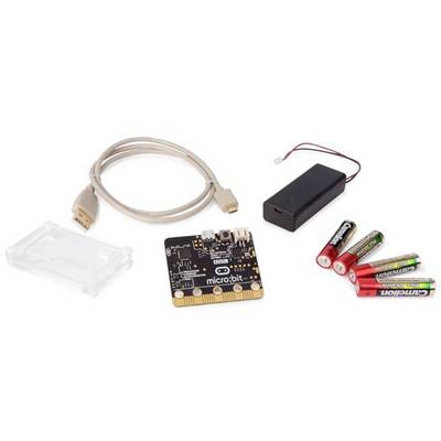 Un kit di avvio micro:bit con scheda, cavo USB, supporto batterie, batterie e cover per imparare la programmazione.