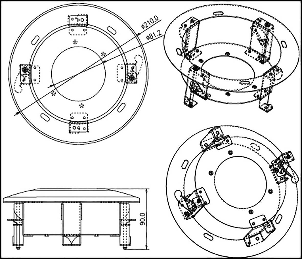 Disegno tecnico di un componente circolare con quote e annotazioni; rappresentato in vista dall'alto, vista laterale e sezione trasversale.