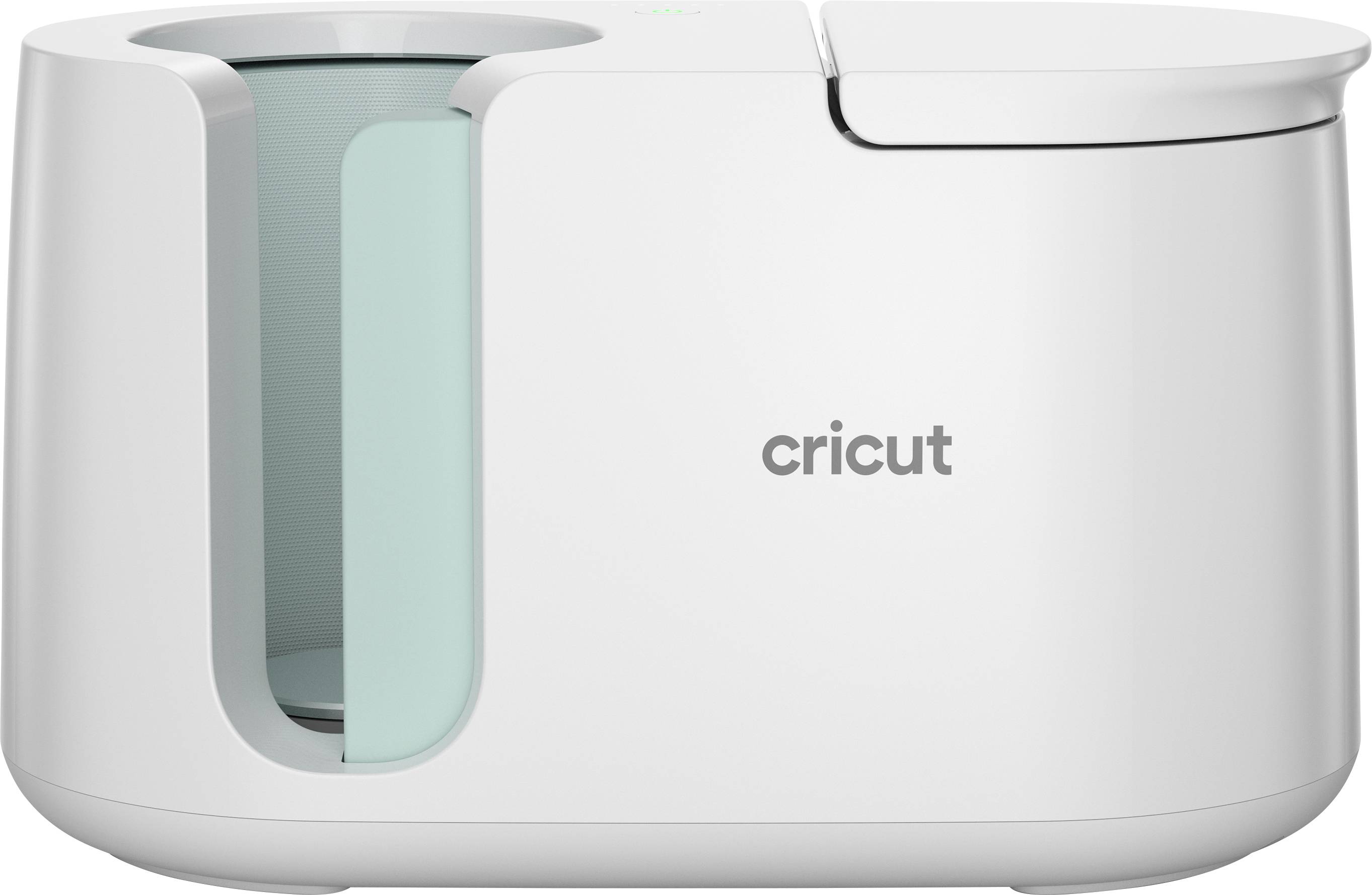 Macchina per trasferimento termico Cricut in bianco con design compatto, ideale per progetti creativi fai-da-te e personalizzazione di tessuti.