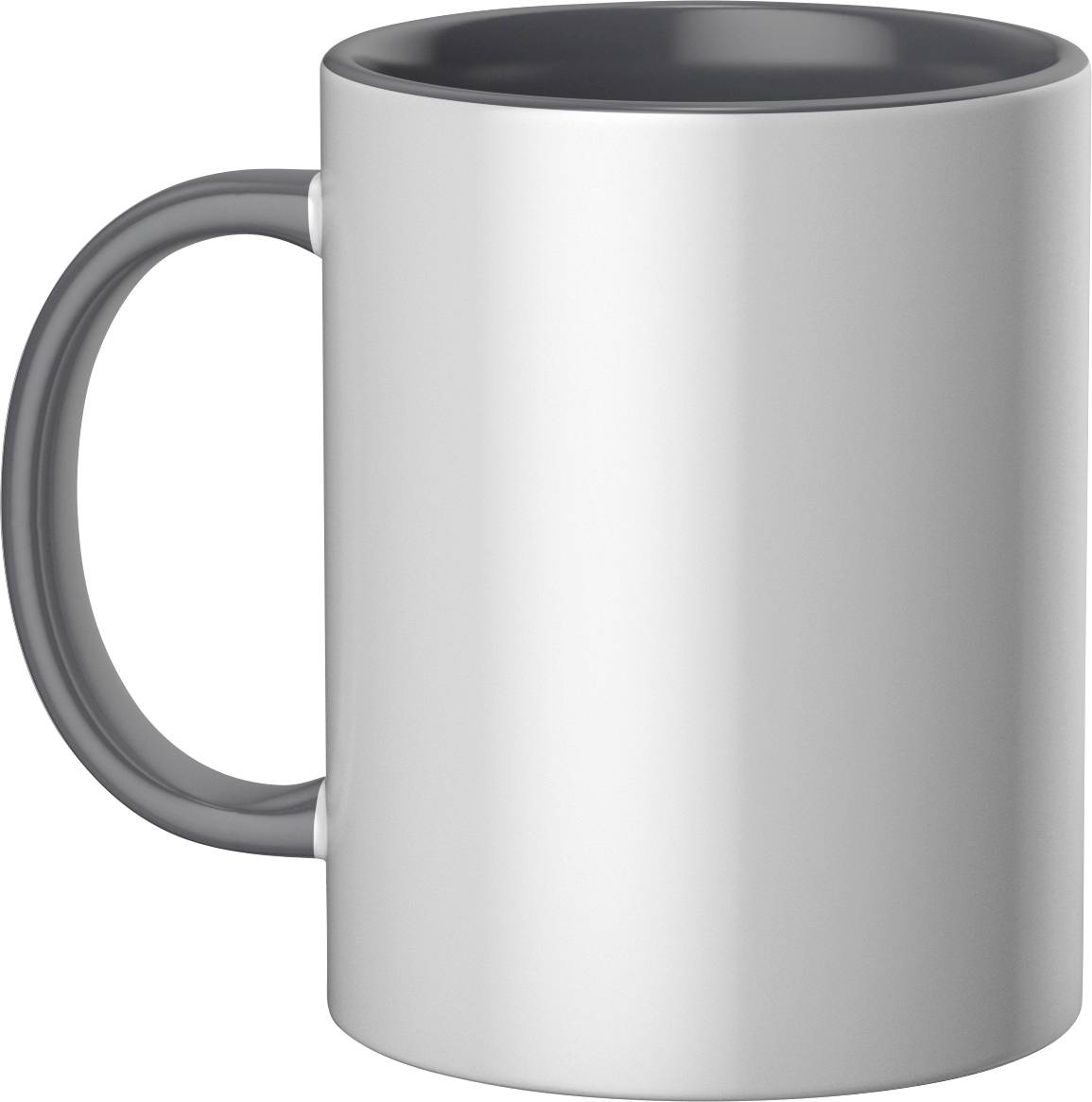 Una semplice tazza da caffè bianca con interno grigio e manico.