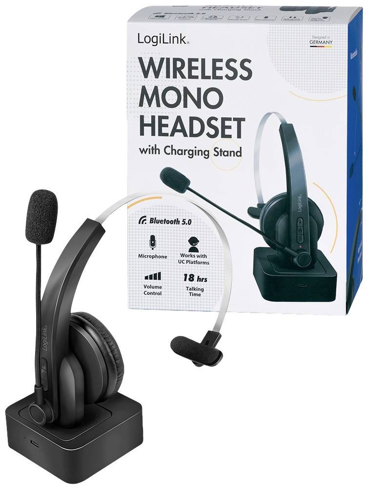 Auricolare mono wireless di LogiLink con stazione di ricarica. Bluetooth 5.0, microfono, compatibile con piattaforme UC, 18 ore di autonomia in conversazione.