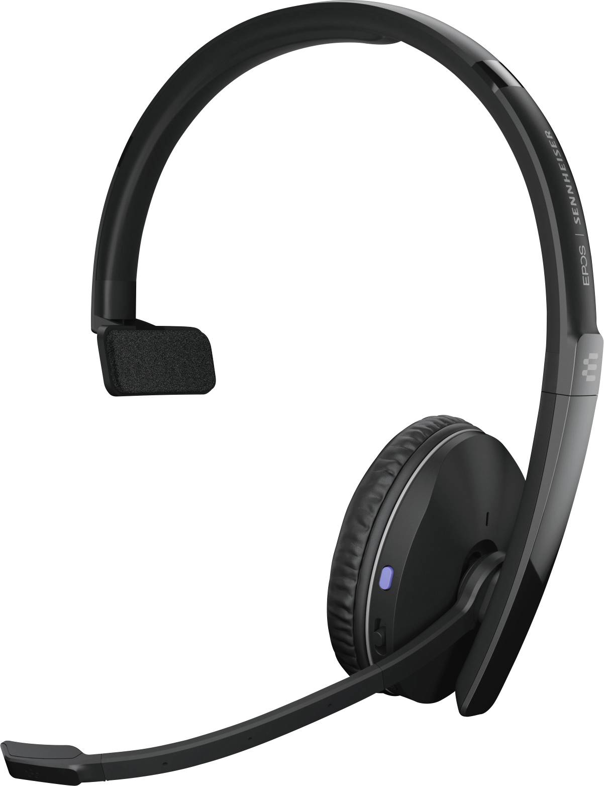 Un auricolare mono nero, wireless, con padiglione imbottito e braccio del microfono regolabile, adatto per chiamate telefoniche.