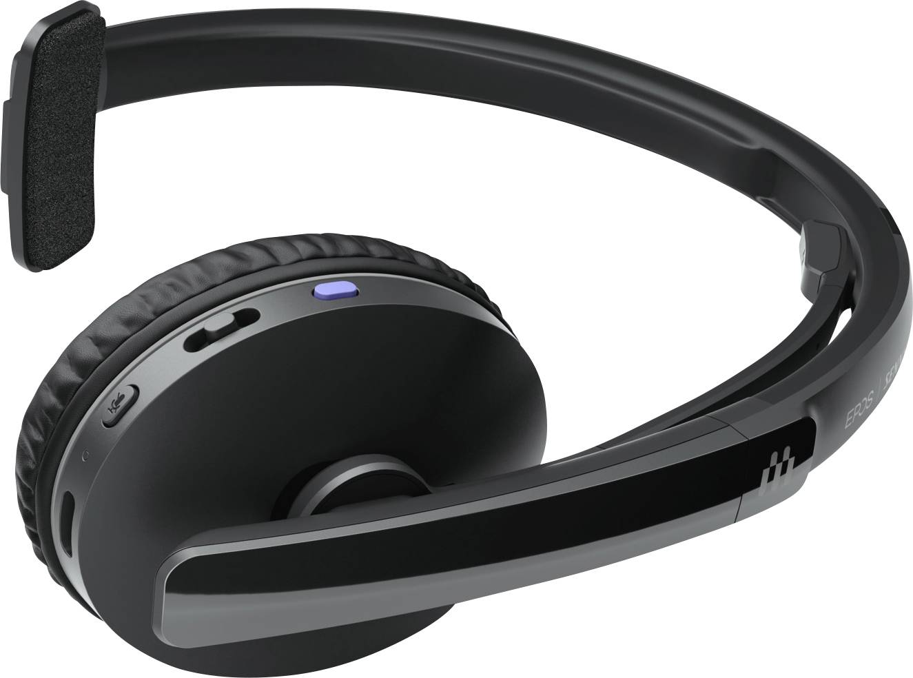 Cuffie over-ear wireless nere con padiglioni imbottiti e comandi laterali, adatte per applicazioni audio.