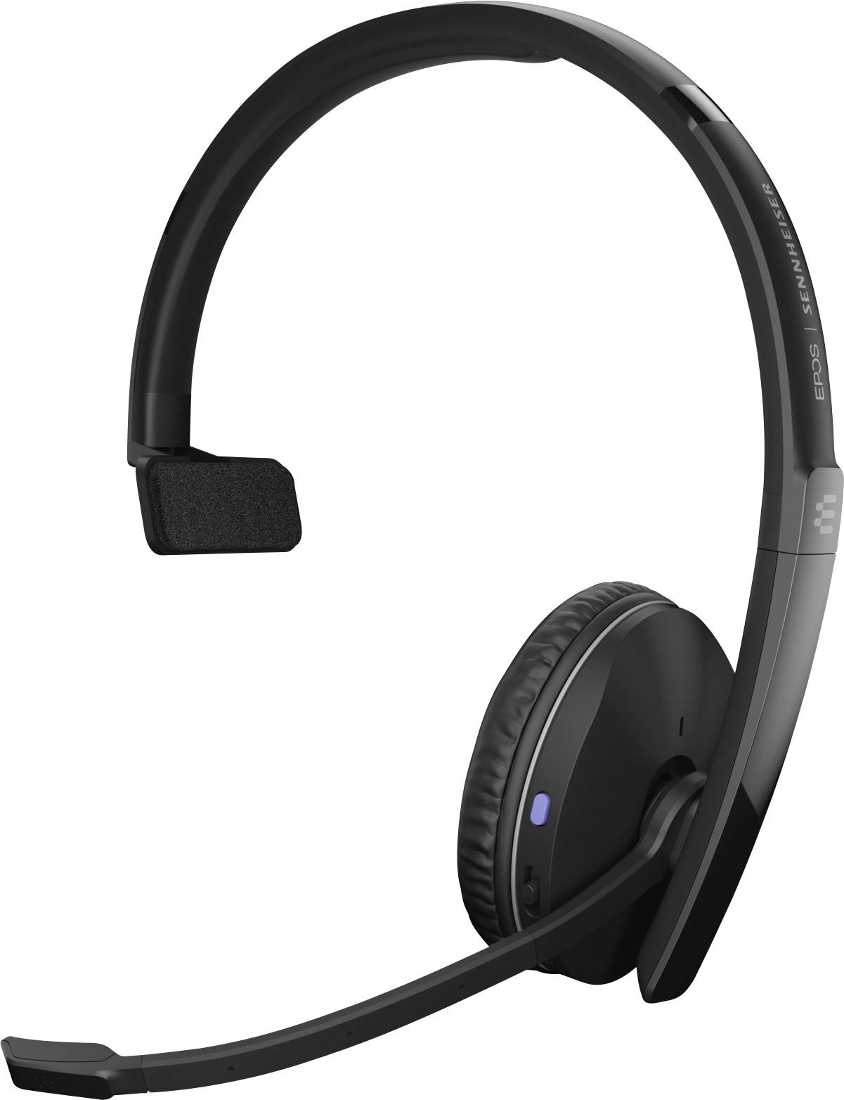 Cuffie wireless nere con padiglione auricolare imbottito e braccio del microfono, ideali per chiamate o applicazioni audio.