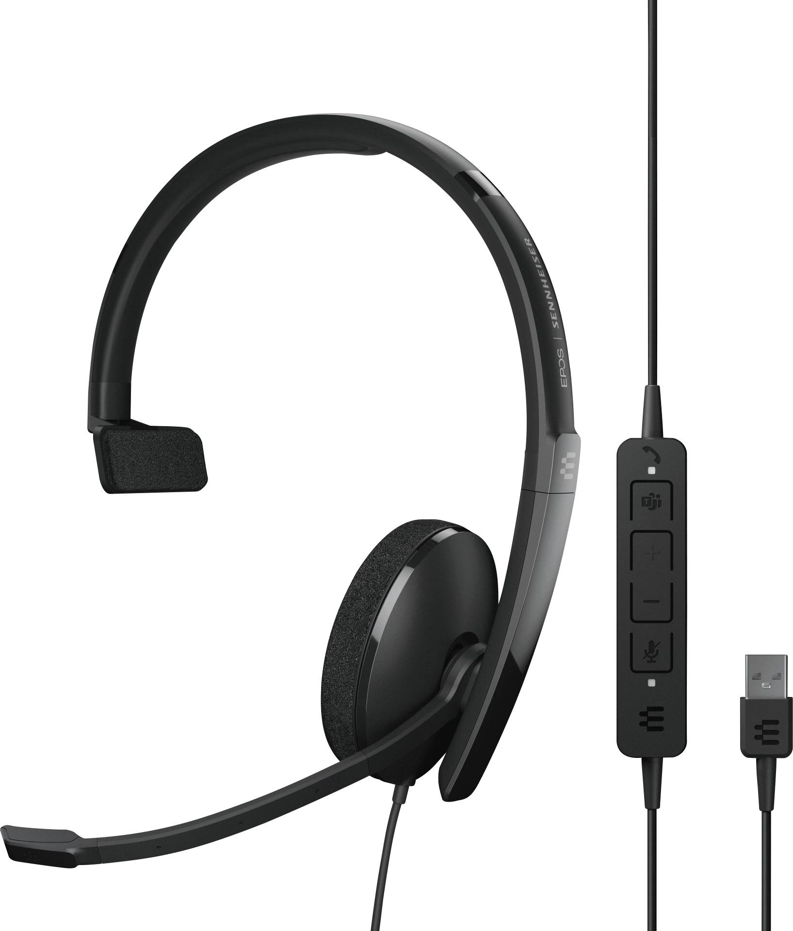 Cuffie USB nere con microfono e telecomando con controllo del volume, tasto muto e connessione USB.
