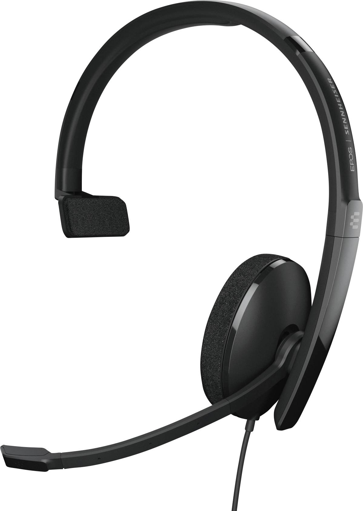 Un headset nero monoauricolare con braccio del microfono, adatto per chiamate o riunioni online.