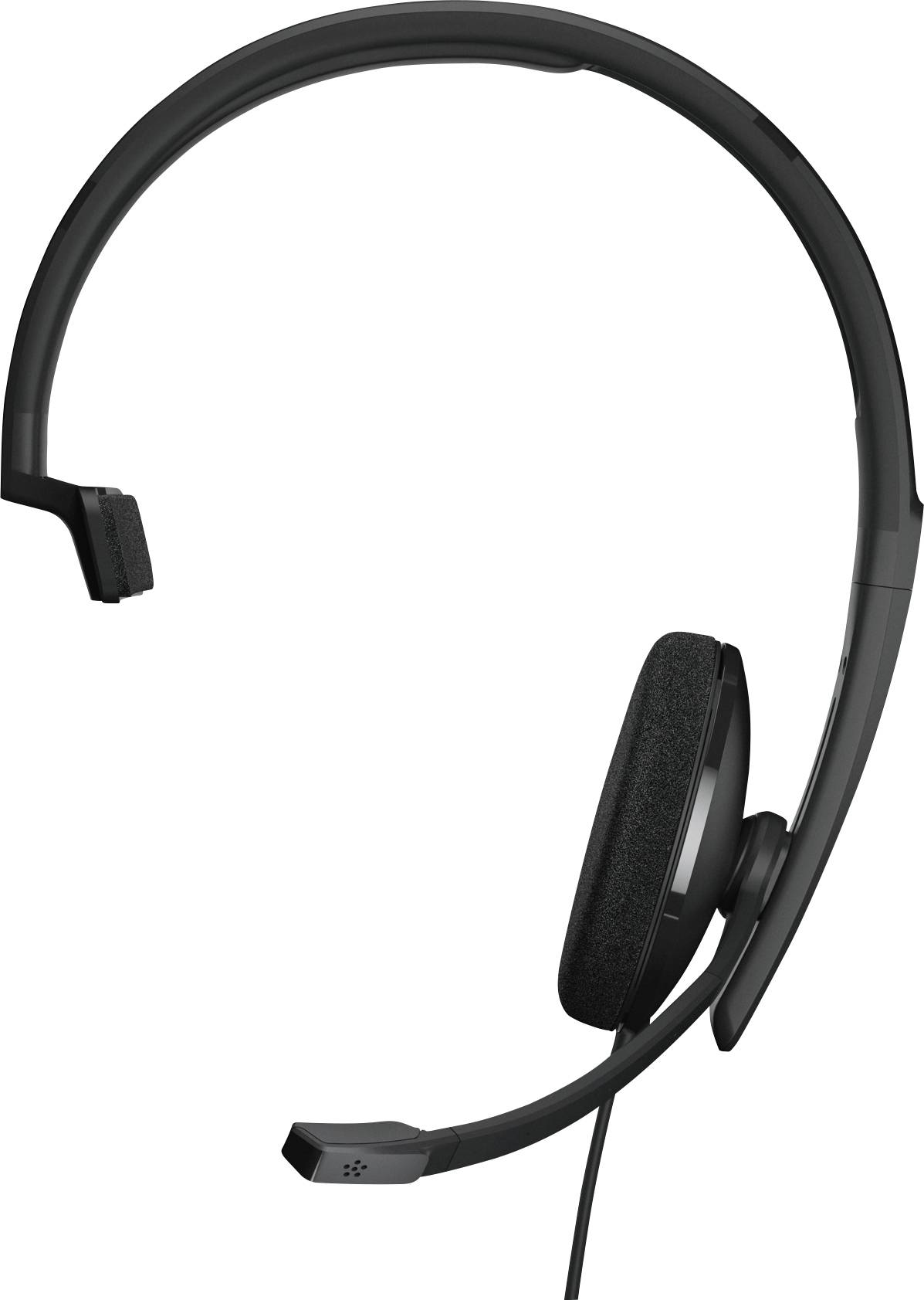 Un headset nero con microfono, raffigurato di lato. Ideale per teleconferenze o utilizzo multimediale.
