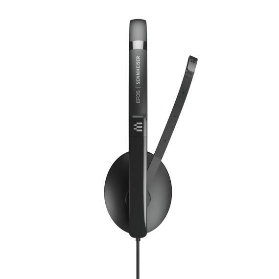 Cuffie Sennheiser nere con braccio microfono, riprese laterali.