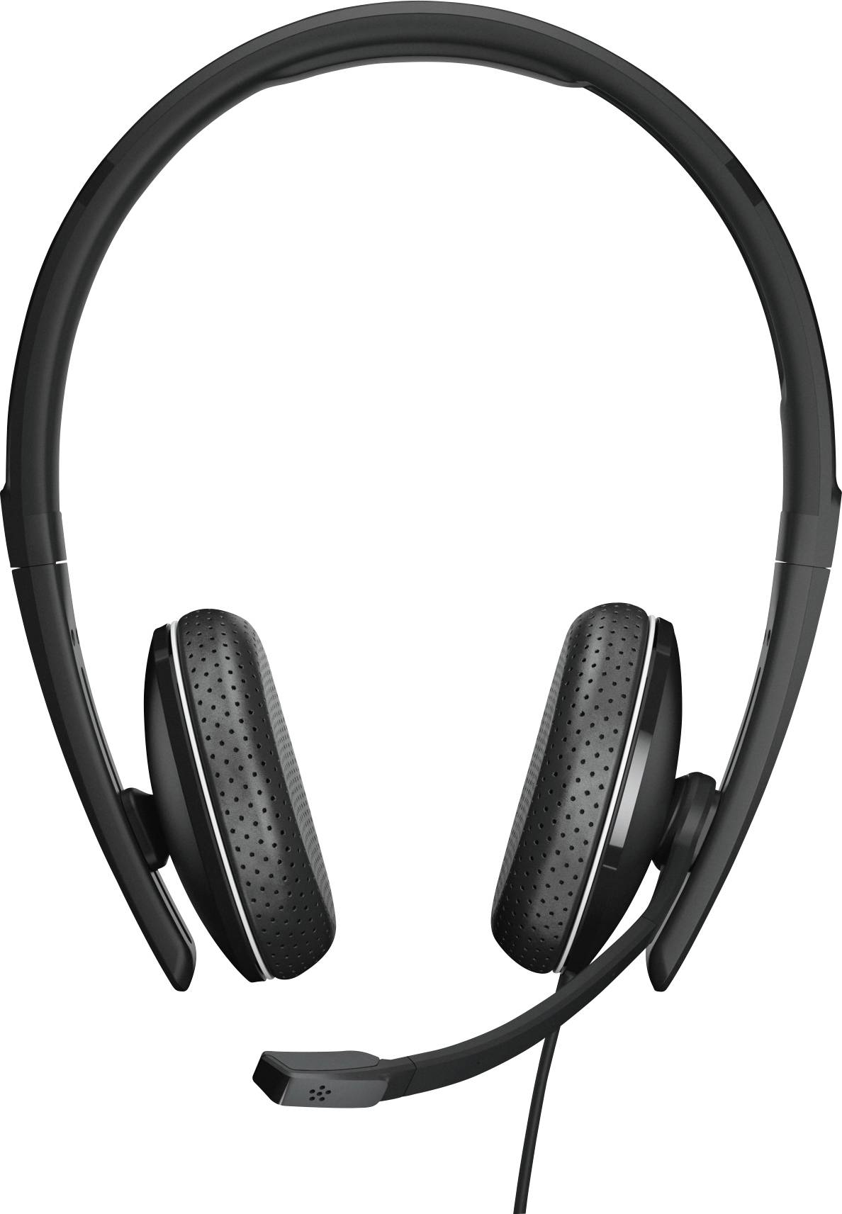 Un headset nero con padiglioni auricolari imbottiti e un braccio del microfono. Ideale per chiamate telefoniche o riunioni online.