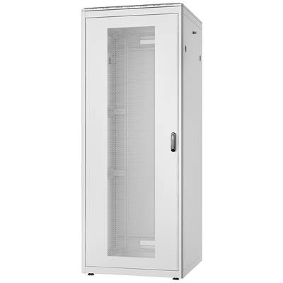 Un armadio server bianco con porta in vetro, adatto per ospitare apparecchiature di rete. Ideale per uffici o data center.
