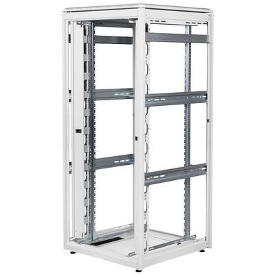 Un armadio rack server bianco e vuoto con ripiani in metallo, idoneo ad ospitare più server o dispositivi elettronici.
