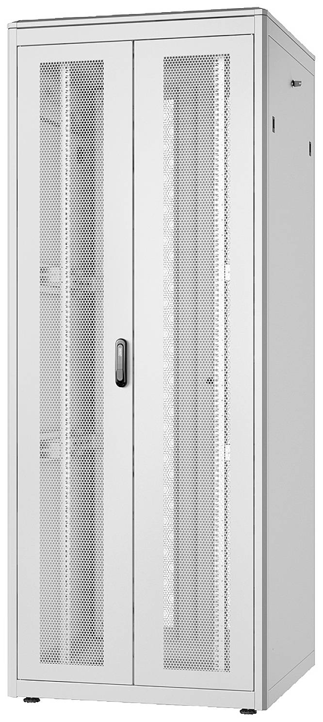 Un armadio bianco alto con porte doppie perforate, adatto per lo stoccaggio di apparecchiature informatiche o di rete.