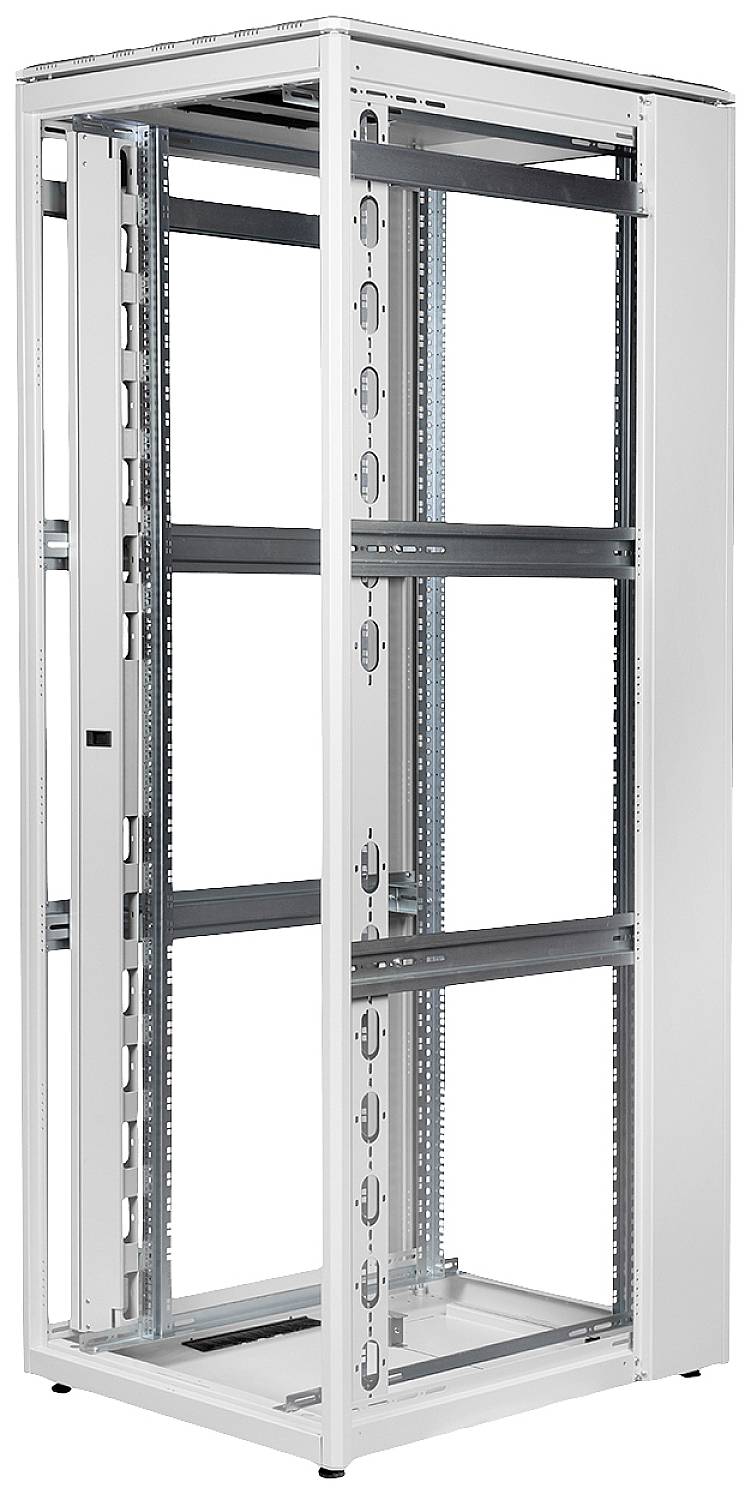 Un armadio server metallico vuoto con più scaffali aperti, idoneo per ospitare apparecchiature di rete o hardware server.