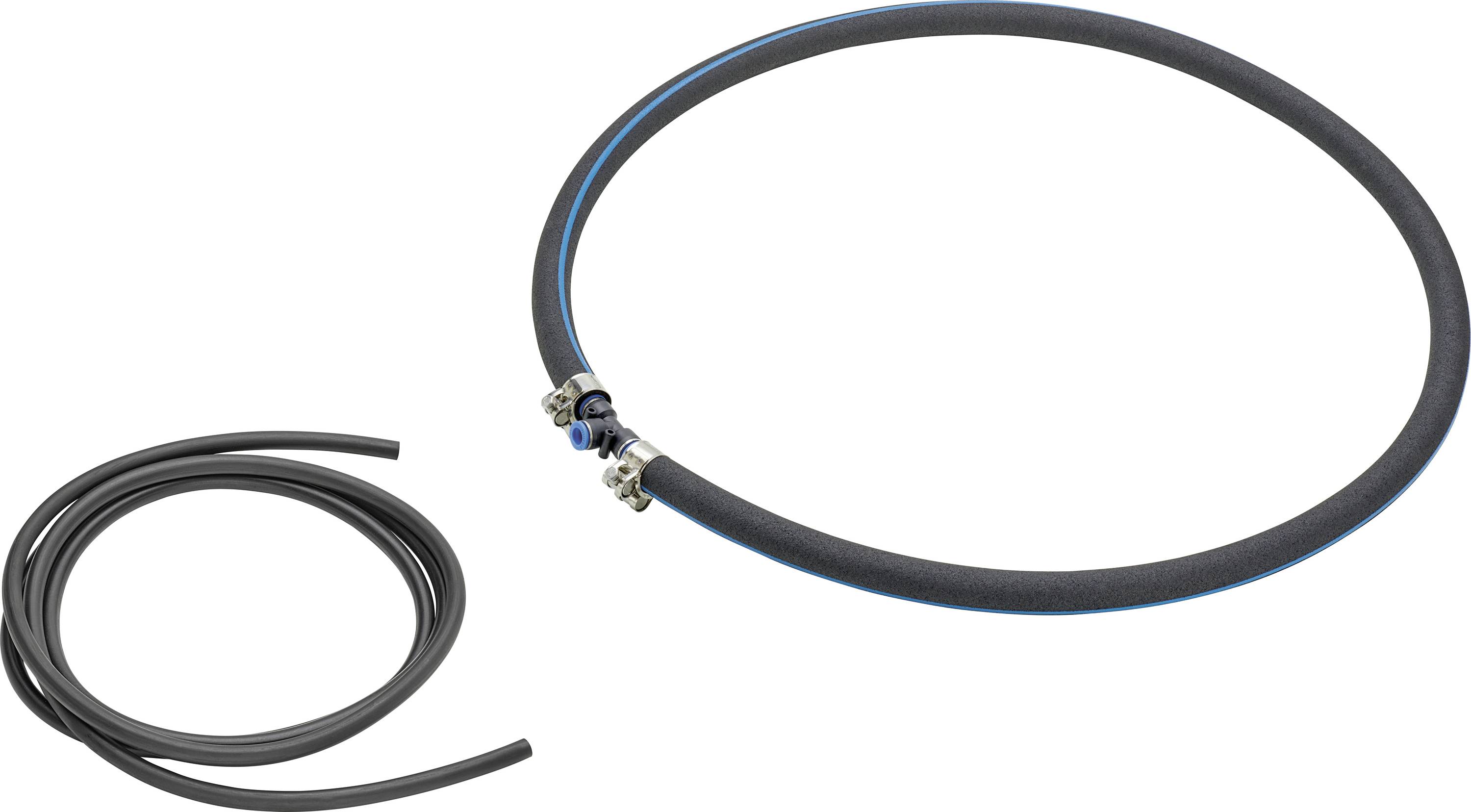 'Set di tubi flessibili AquaForte neri, disponibili in due lunghezze, con marcatura a strisce blu; utilizzati per connessioni di elementi decorativi ad acqua o stagni.'