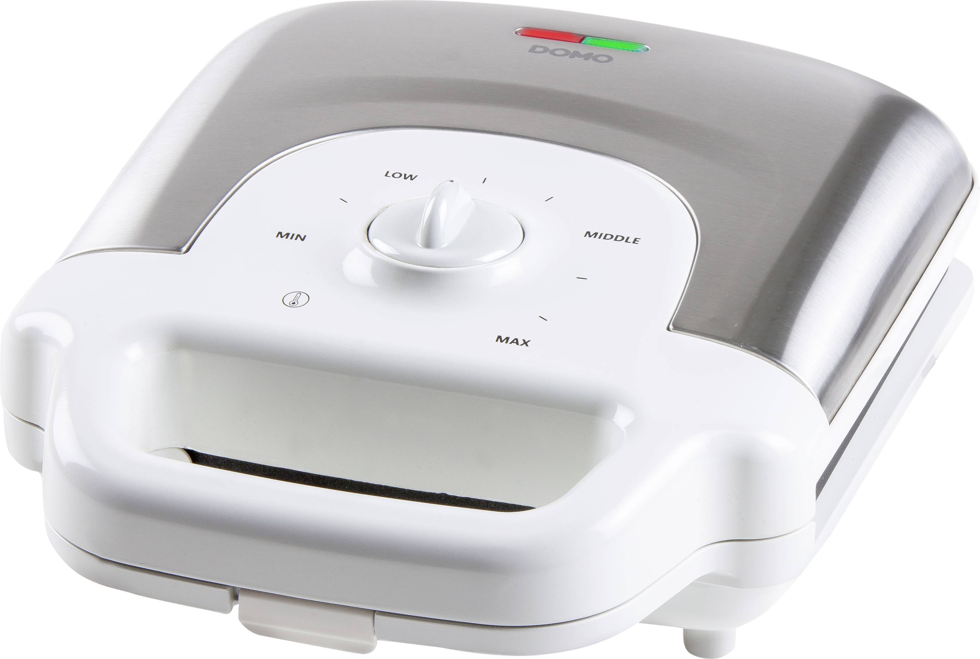 Un sandwich maker bianco con coperchio argentato, regolatore di temperatura e spie luminose di funzionamento e pronto in alto.