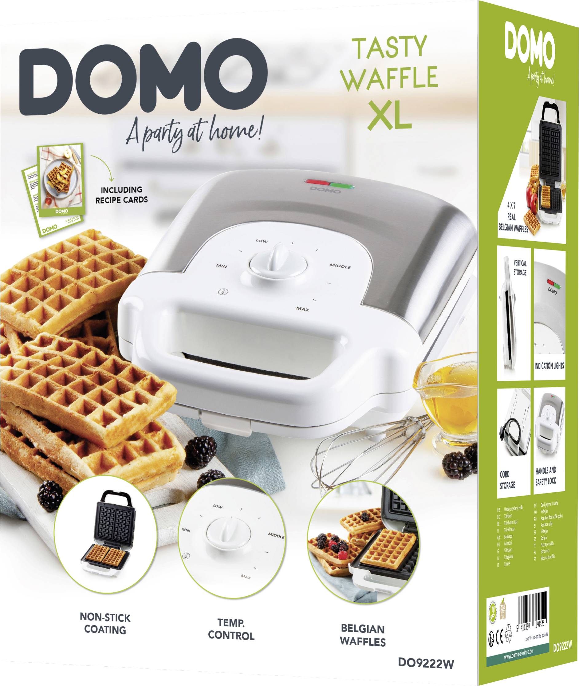'DOMO Tasty Waffle XL' Piastra per waffle con schede ricette, rivestimento antiaderente e controllo della temperatura. Confezione con immagini del prodotto.