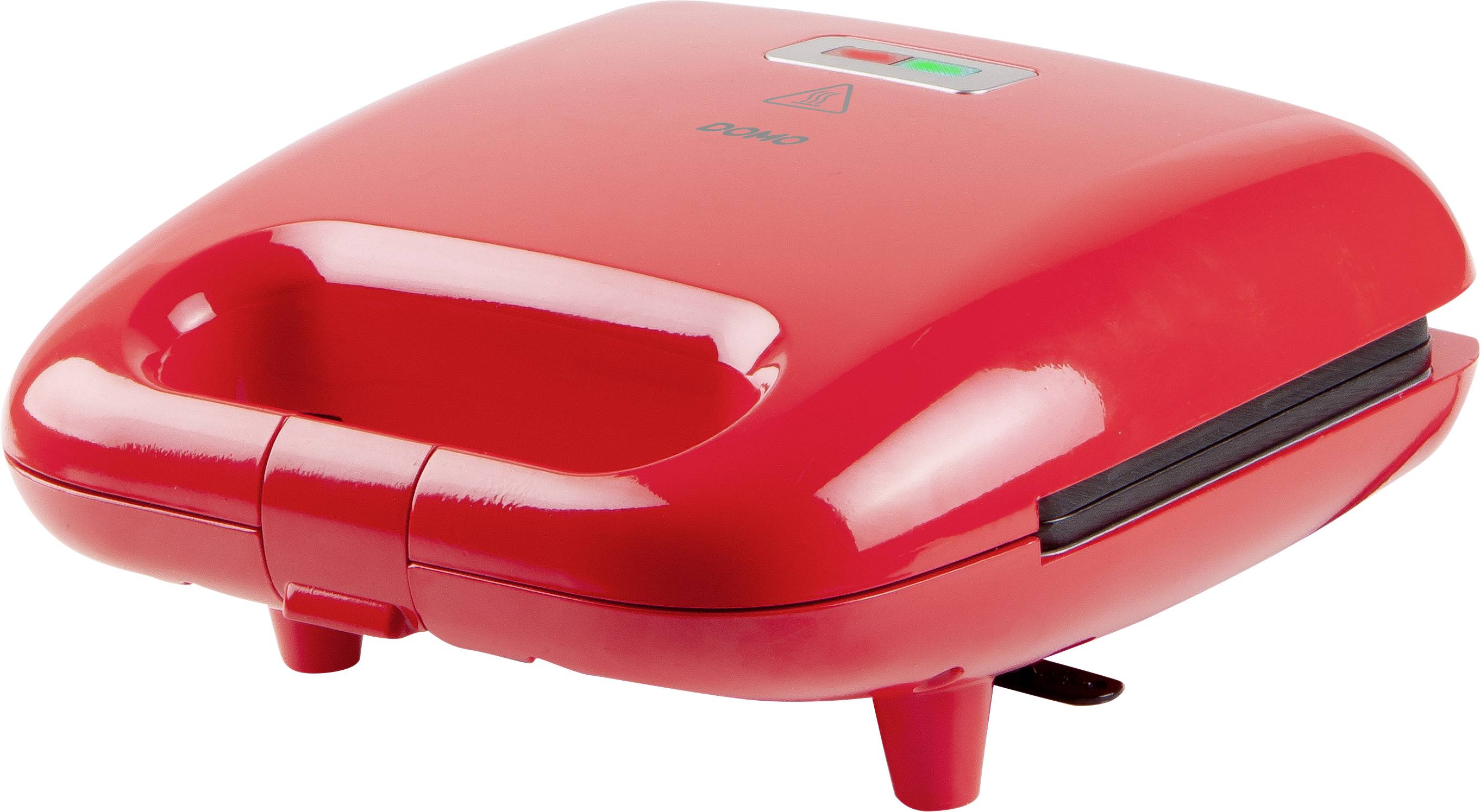 Un dispositivo rosso per sandwich con coperchio chiuso. Una spia verde e rossa in alto indica lo stato di funzionamento.