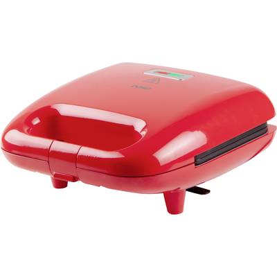 Un dispositivo rosso per sandwich con coperchio chiuso. Una spia verde e rossa in alto indica lo stato di funzionamento.