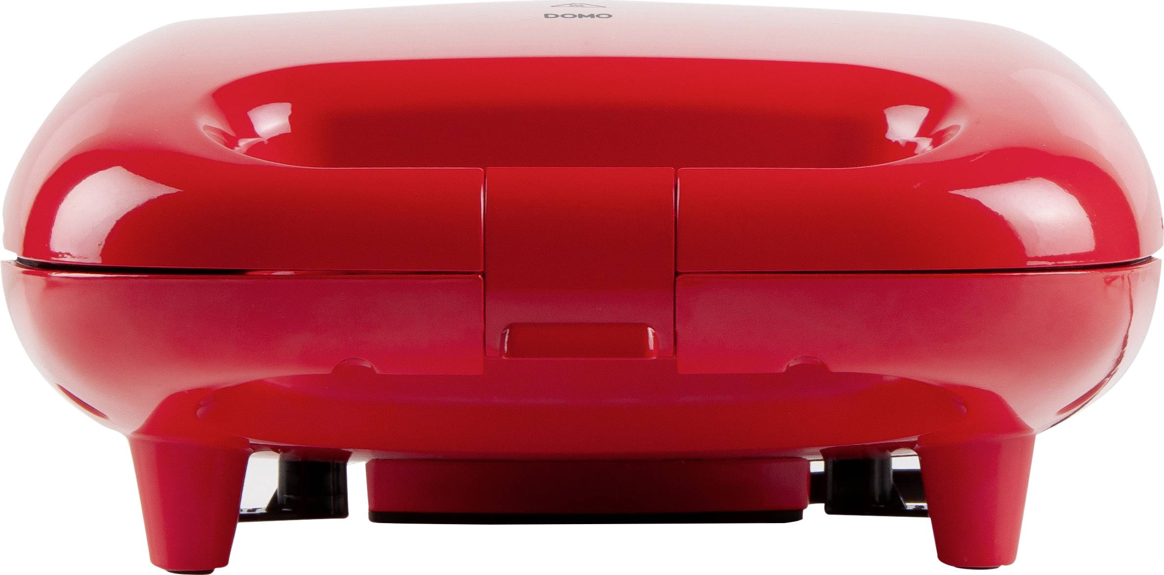 Un elettrodomestico rosso, probabilmente un sandwich maker, su una superficie bianca.