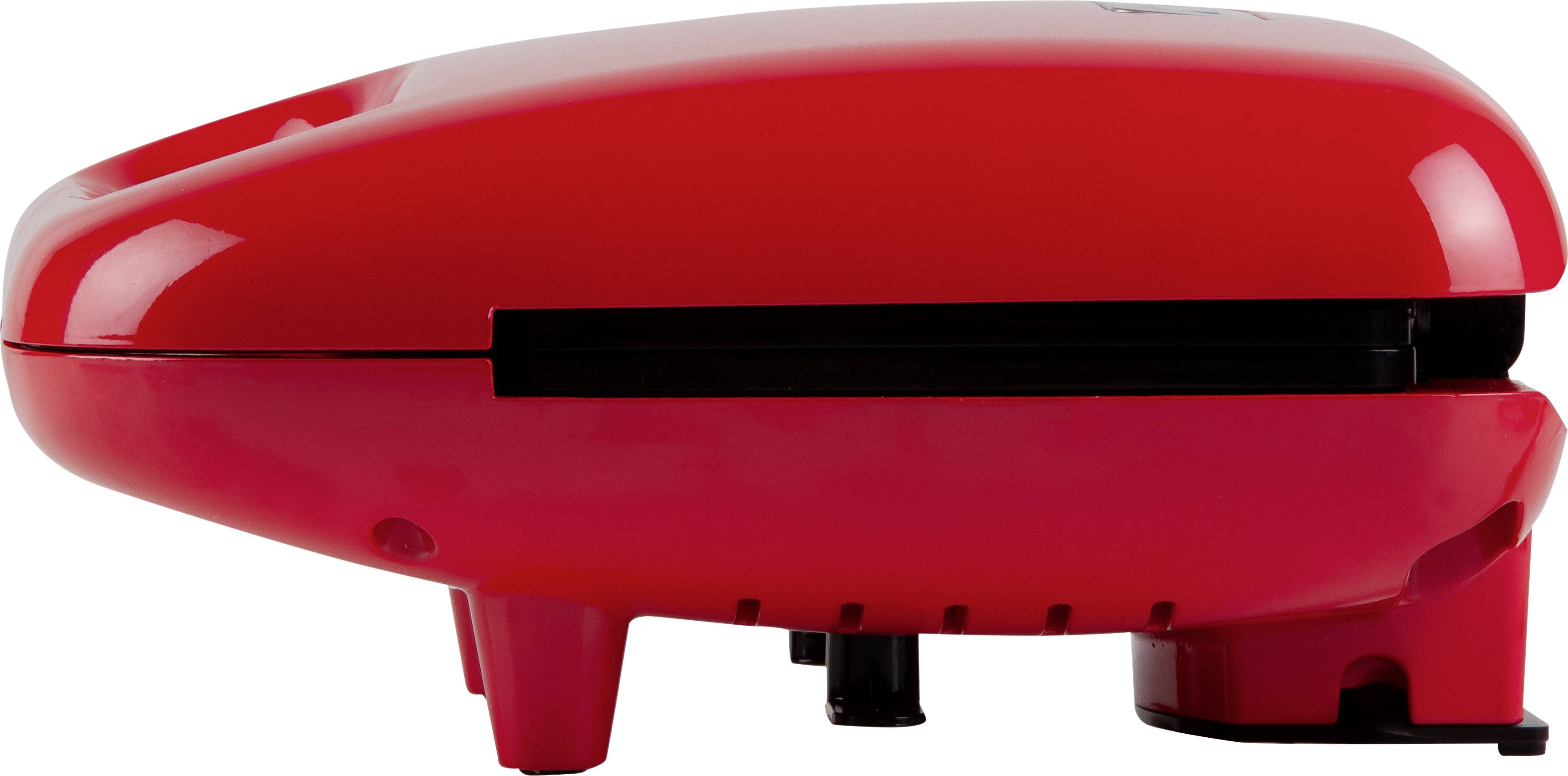 Tostapane rosso visto di lato, chiuso. L'apparecchio è in piedi su piccoli piedini e ha un design semplice e moderno.