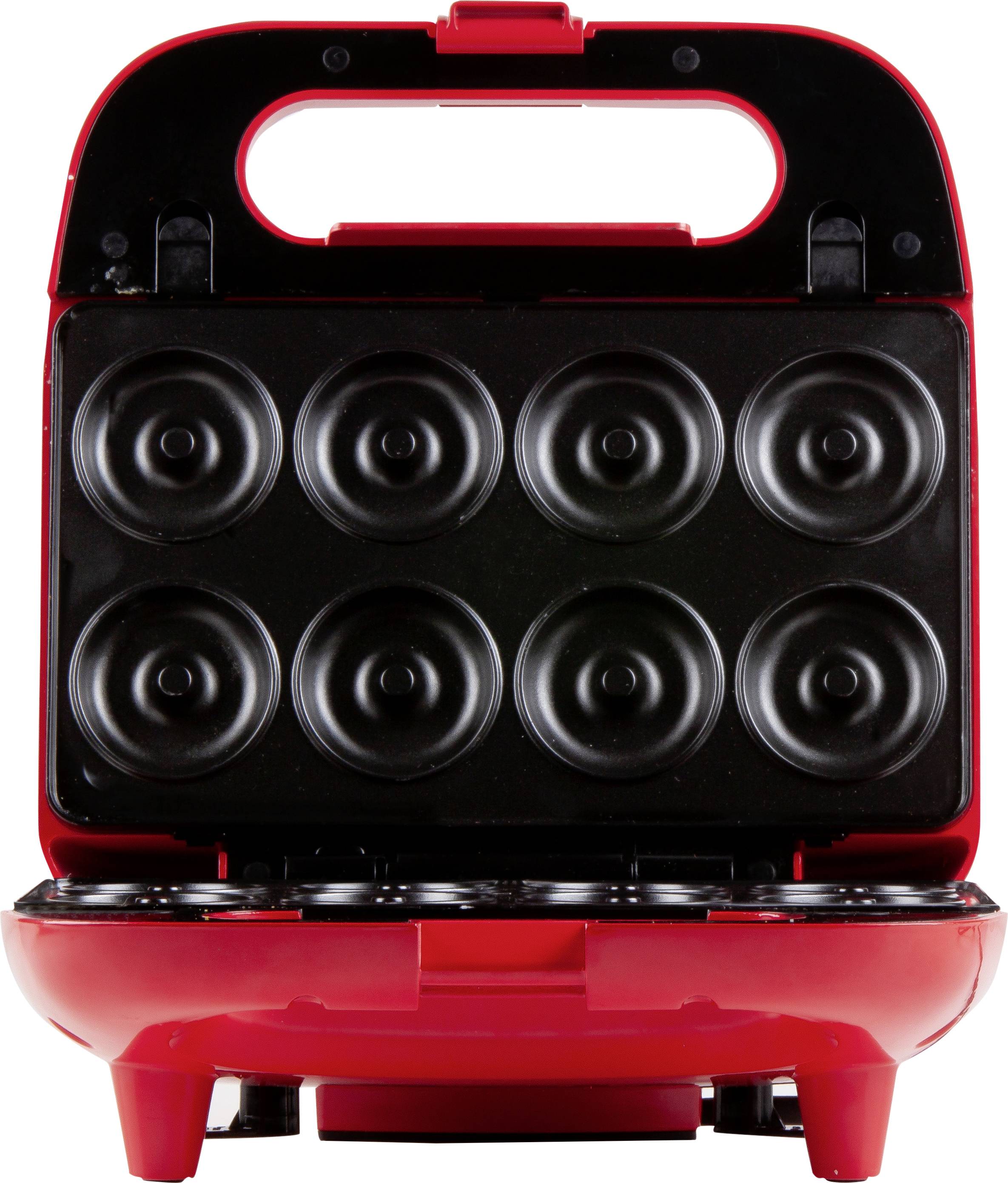 Un maker per donut rosso con otto forme rotonde per preparare piccoli donut. Coperchio aperto, dispositivo pronto per cuocere.