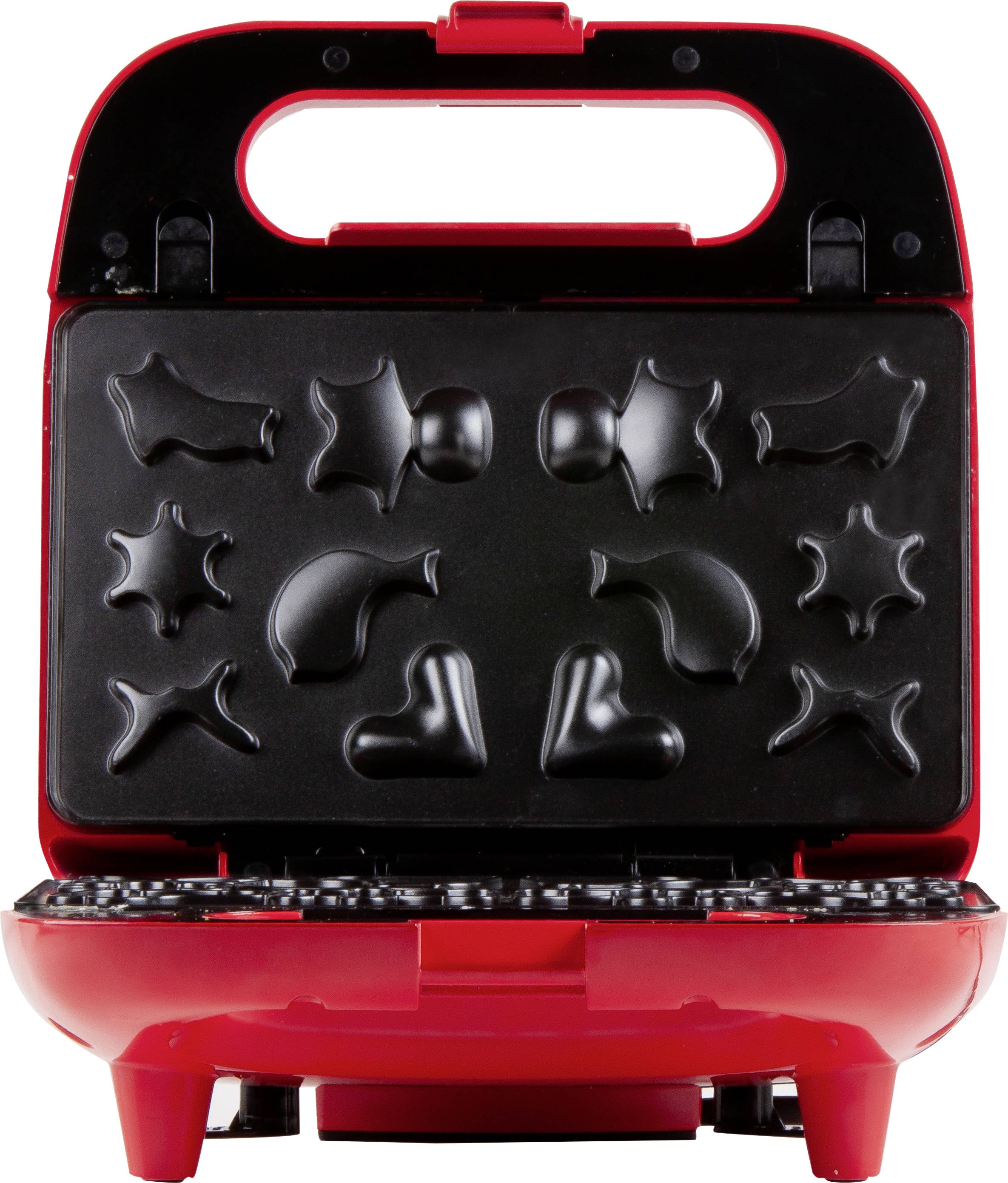 Un ferro per cialde rosso con dodici stampi di diverse forme, tra cui cuori e stelle, per cuocere waffle creativi.