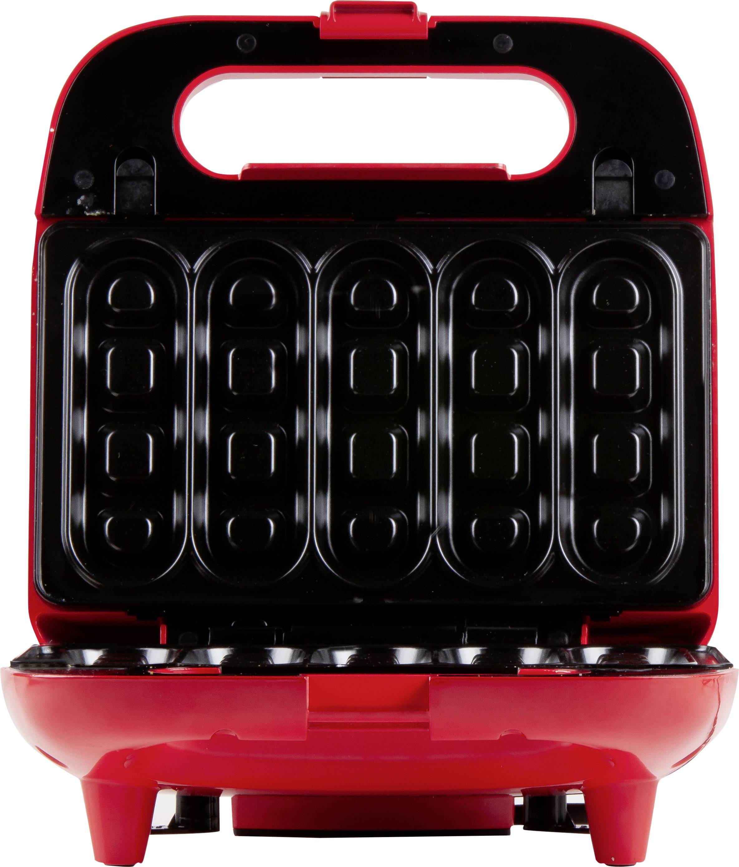 Macchina elettrica rossa per waffle aperta, con sei stampi per waffle in stile hot dog.