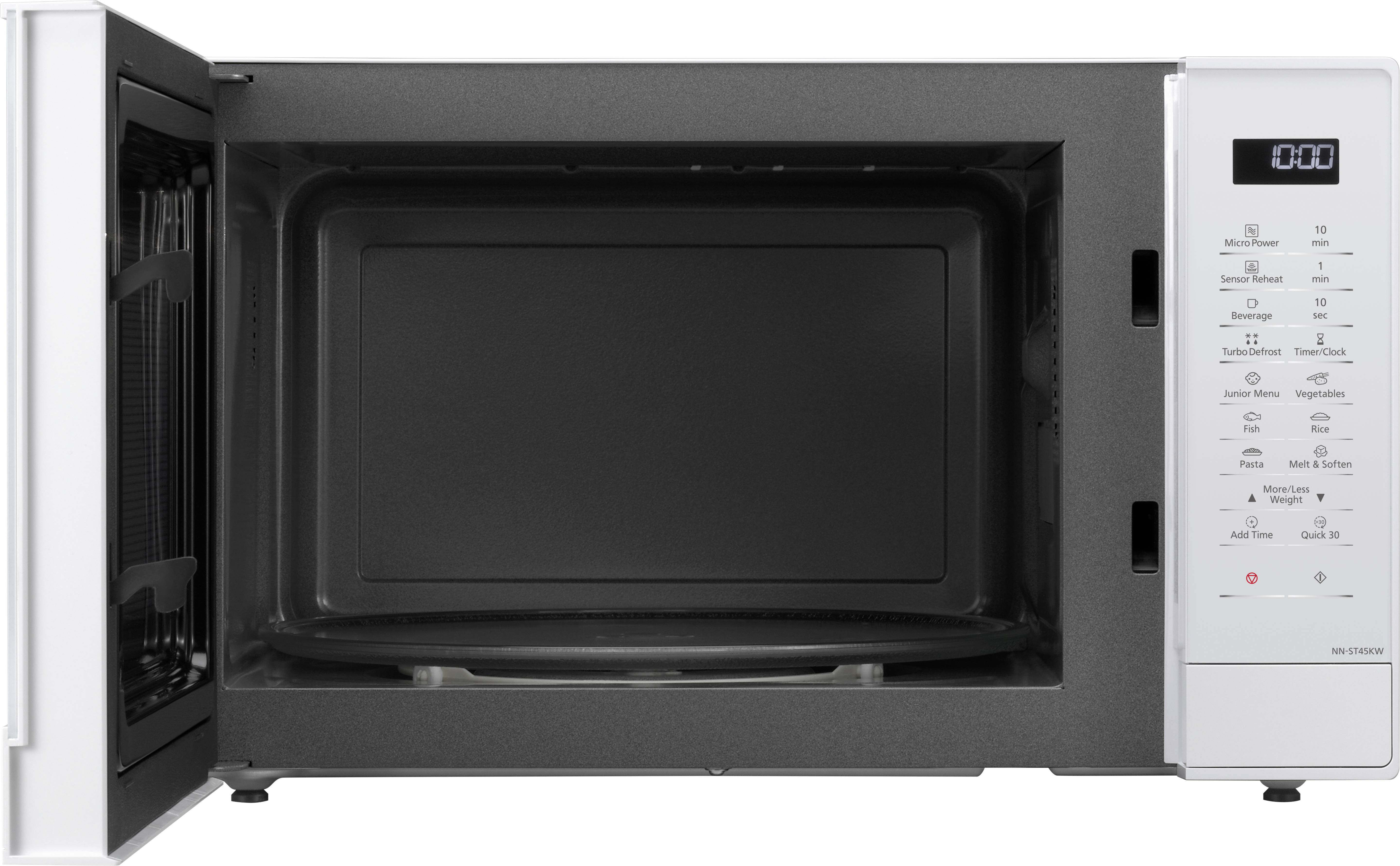 Microonde aperto con display digitale a destra; mostra 00:00. Lo spazio interno è vuoto e pronto per l'uso.