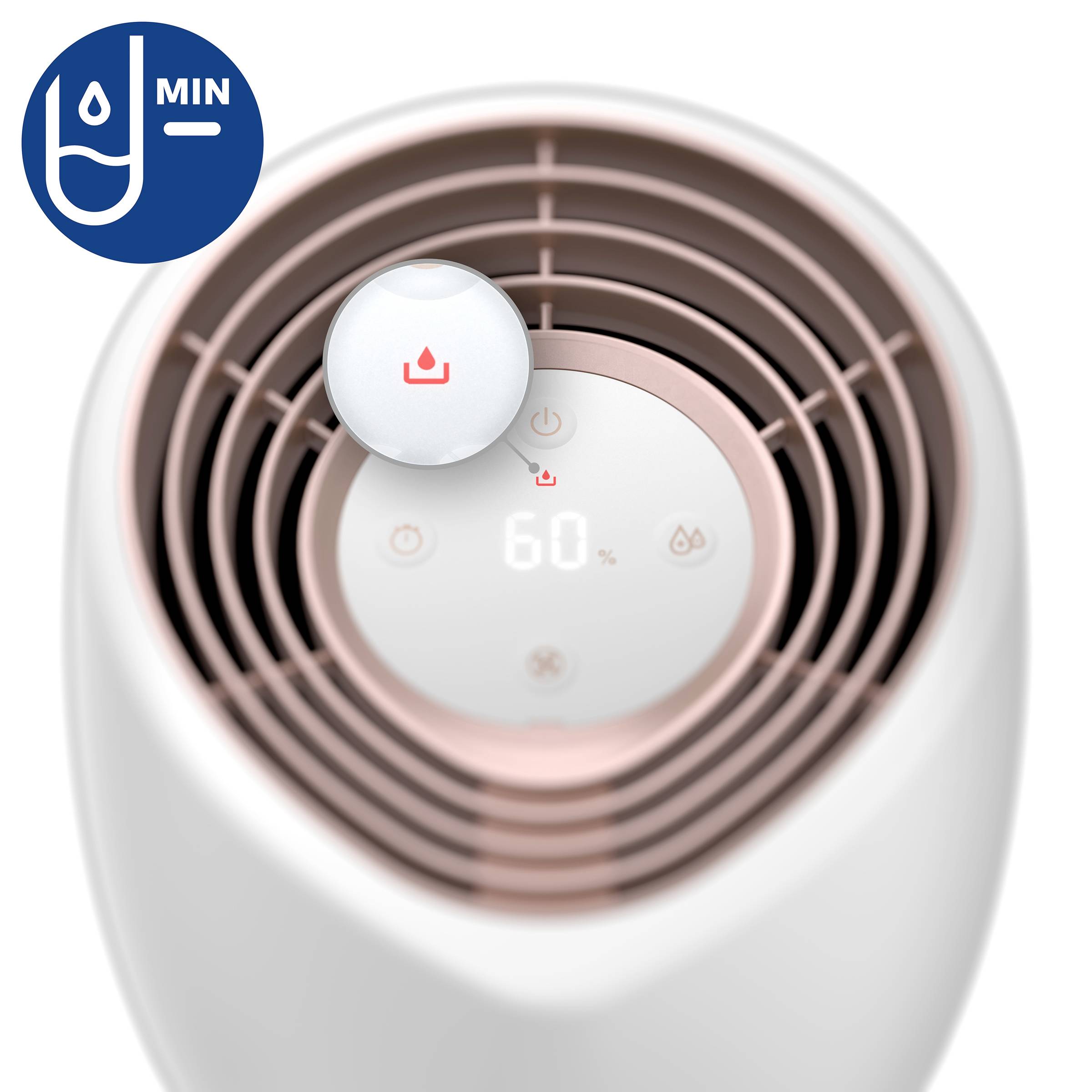 Umidificatore con pannello di controllo circolare, che mostra il simbolo dell'umidità e il numero '60%'. In alto a sinistra, un'icona per l'umidità minima.