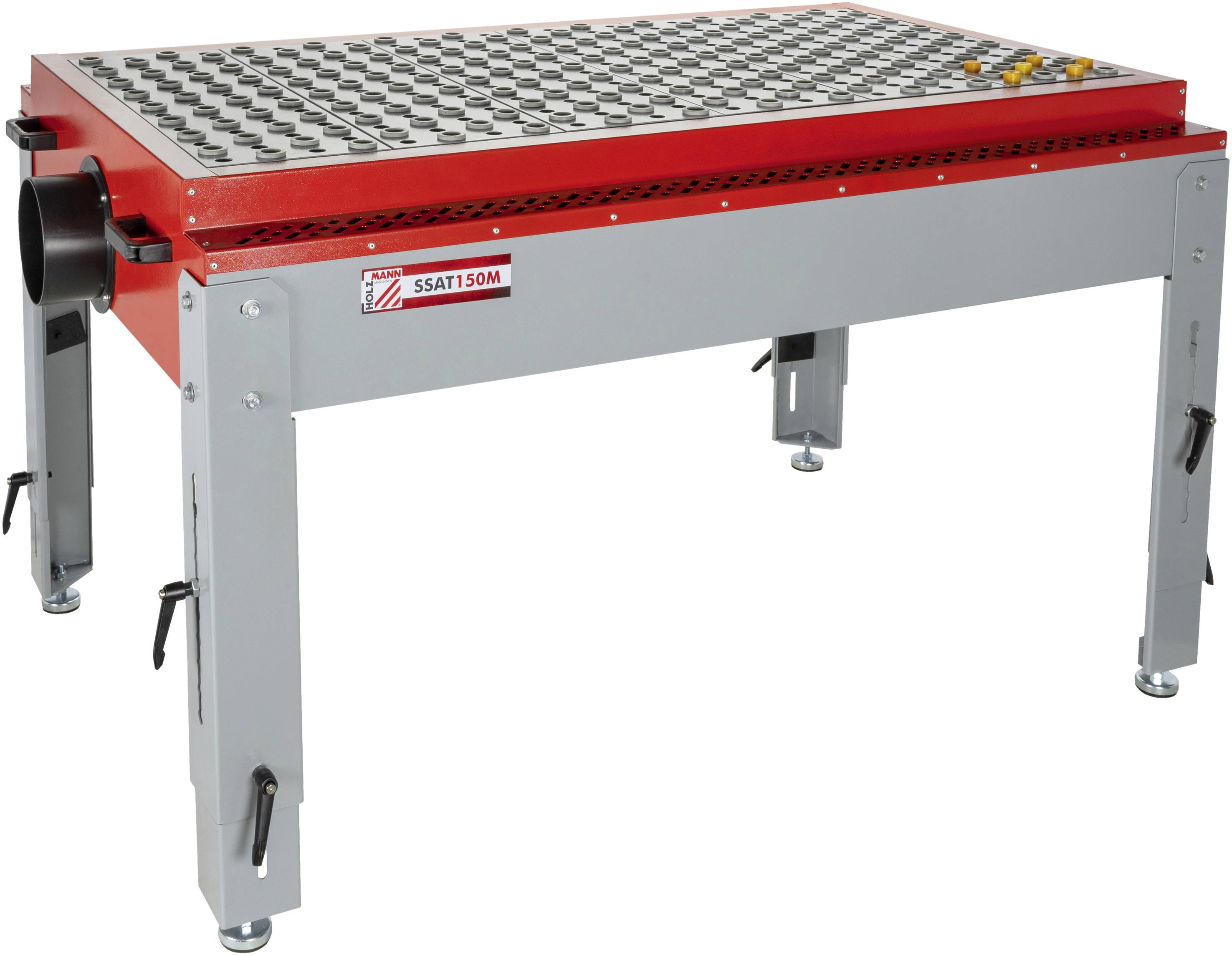 Tavolo da saldatura rettangolare in metallo grigio con bordi contrassegnati in rosso e gambe regolabili. Sulla superficie è presente un reticolo.