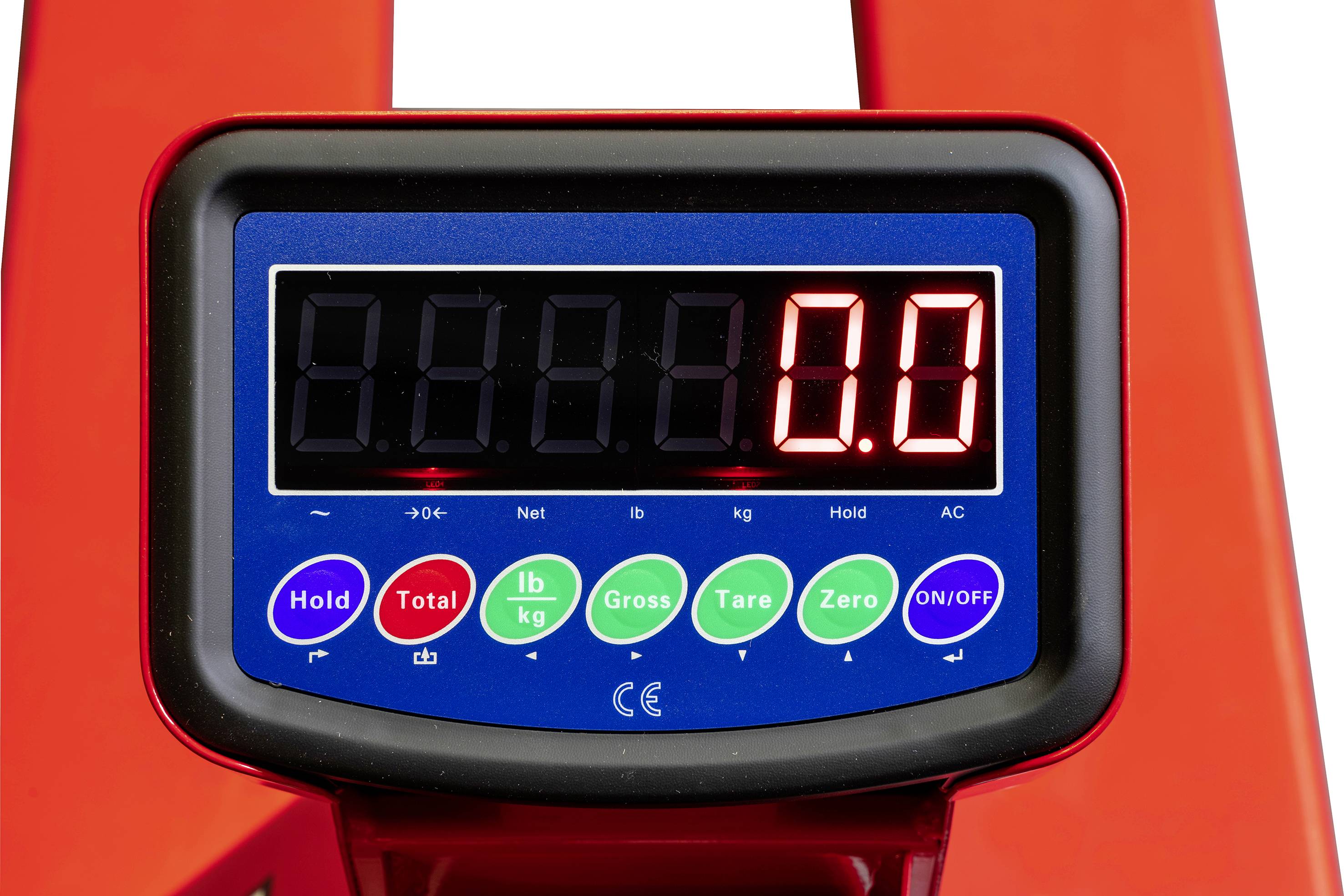 Bilancia digitale con custodia rossa e display LED che mostra '0.0'. Interfaccia utente con tasti per funzioni come Hold, Total e Zero.