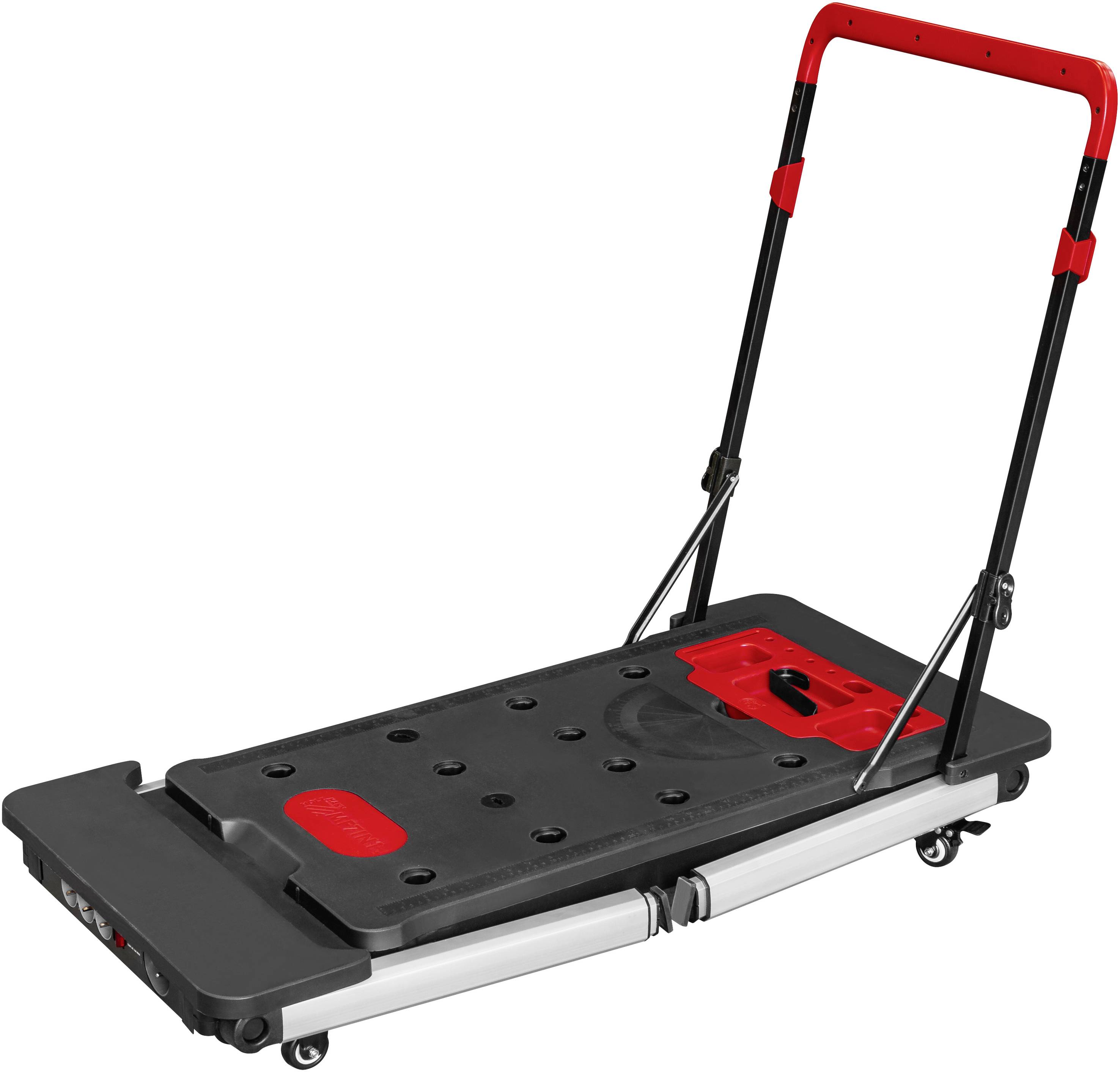 Un carrello pieghevole con manico rosso e piano di carico nero. Adatto al trasporto di pacchi o acquisti.