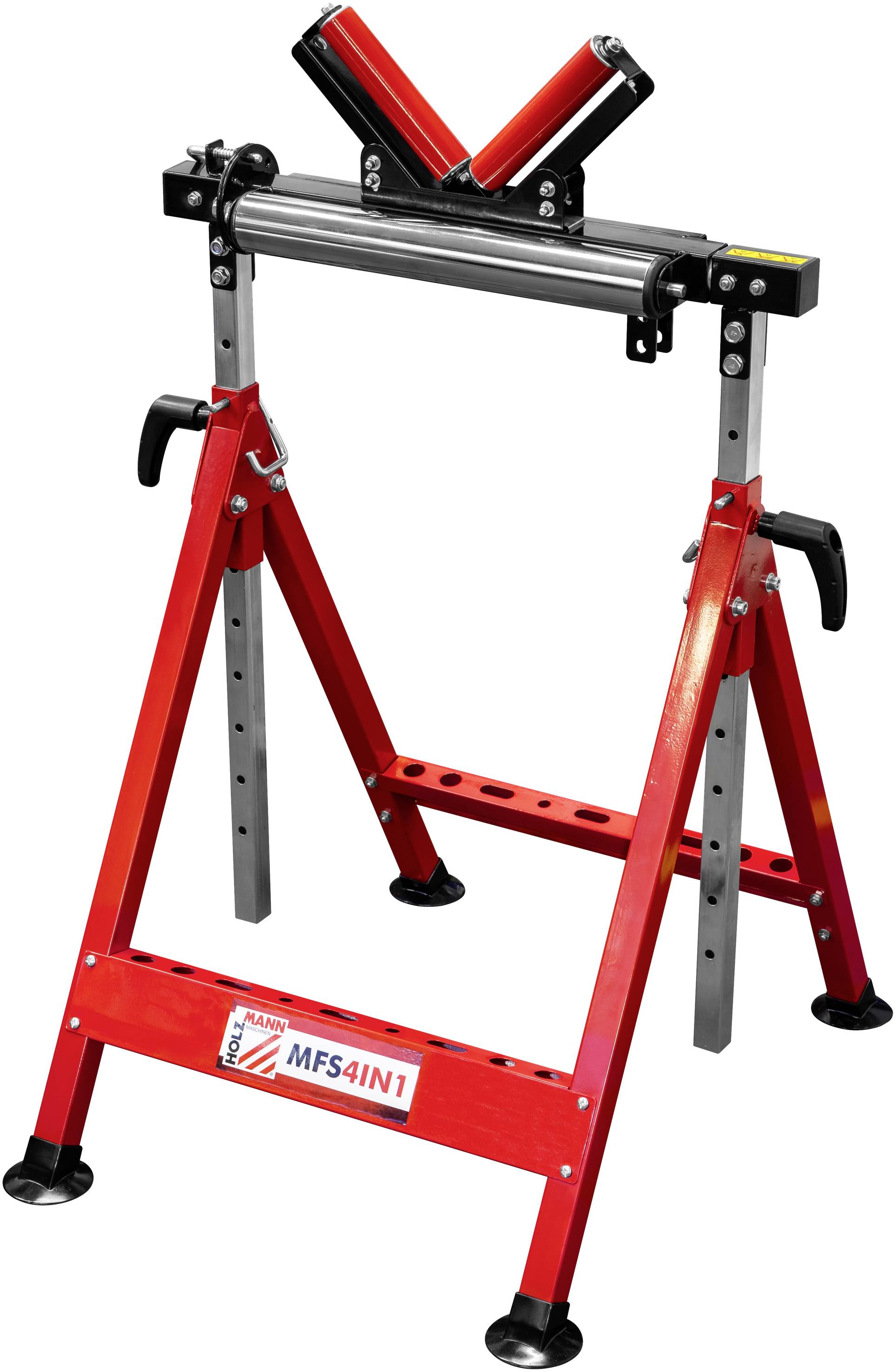 Un supporto metallico rosso regolabile con staffa, ideale per stabilizzare i pezzi di lavoro. Dotato di una base piatta per garantire stabilità.