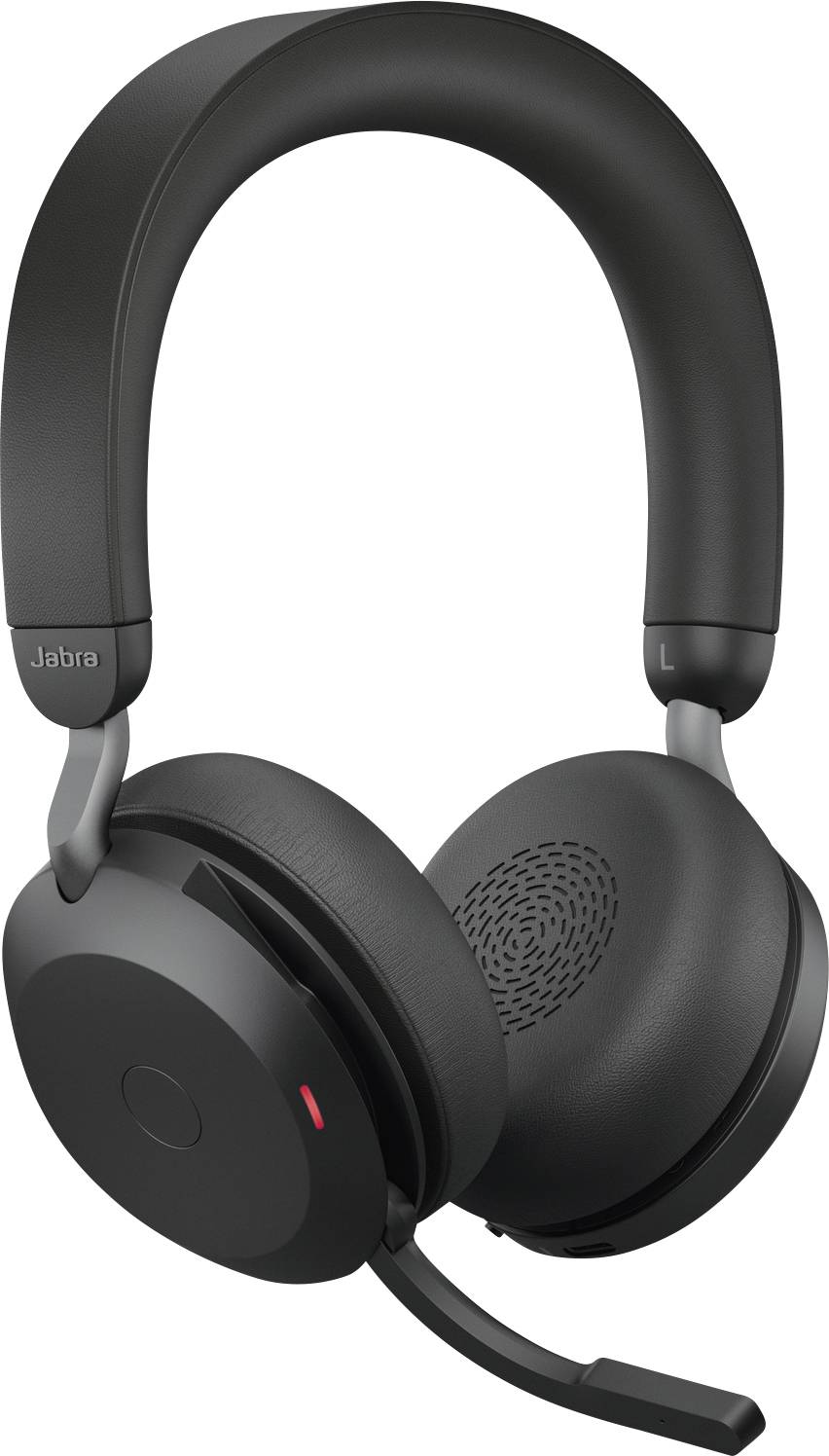 Un auricolare Bluetooth nero con microfono, riconoscibile dal marchio 'Jabra' sul padiglione auricolare. Ideale per chiamate wireless.