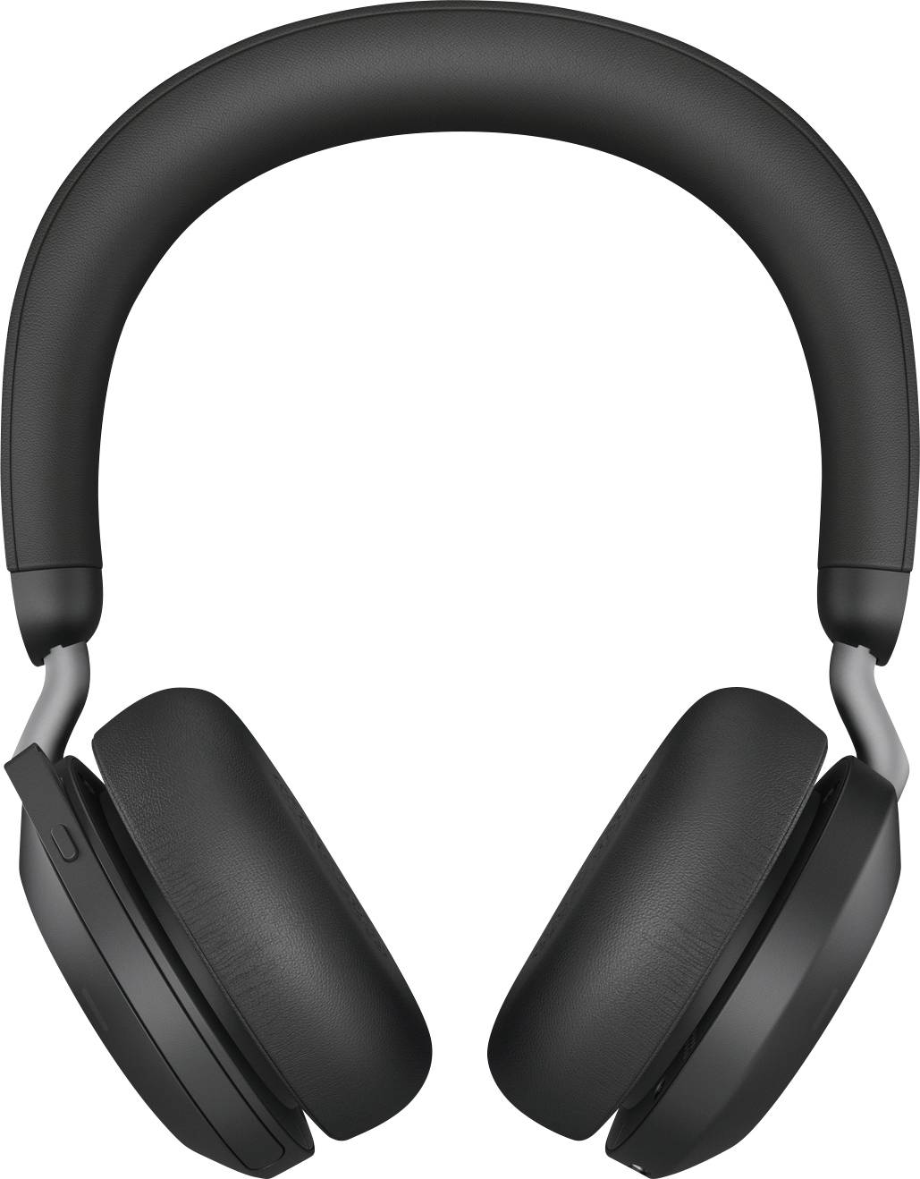 Cuffie over-ear nere con padiglioni imbottiti e archetto, raffigurate frontalmente. Hanno un design moderno e minimalista.